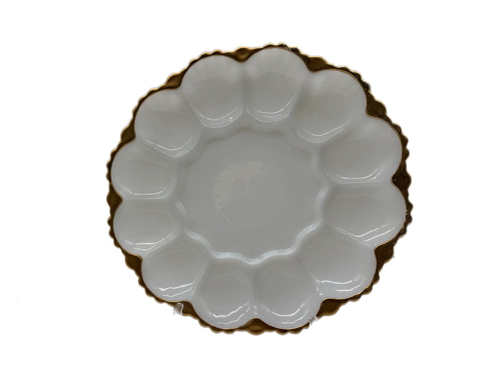 Mid-Century Anchor Hocking Fire King Milk Glass Deviled Egg Plate Pair, rimmed in 22kt Gold