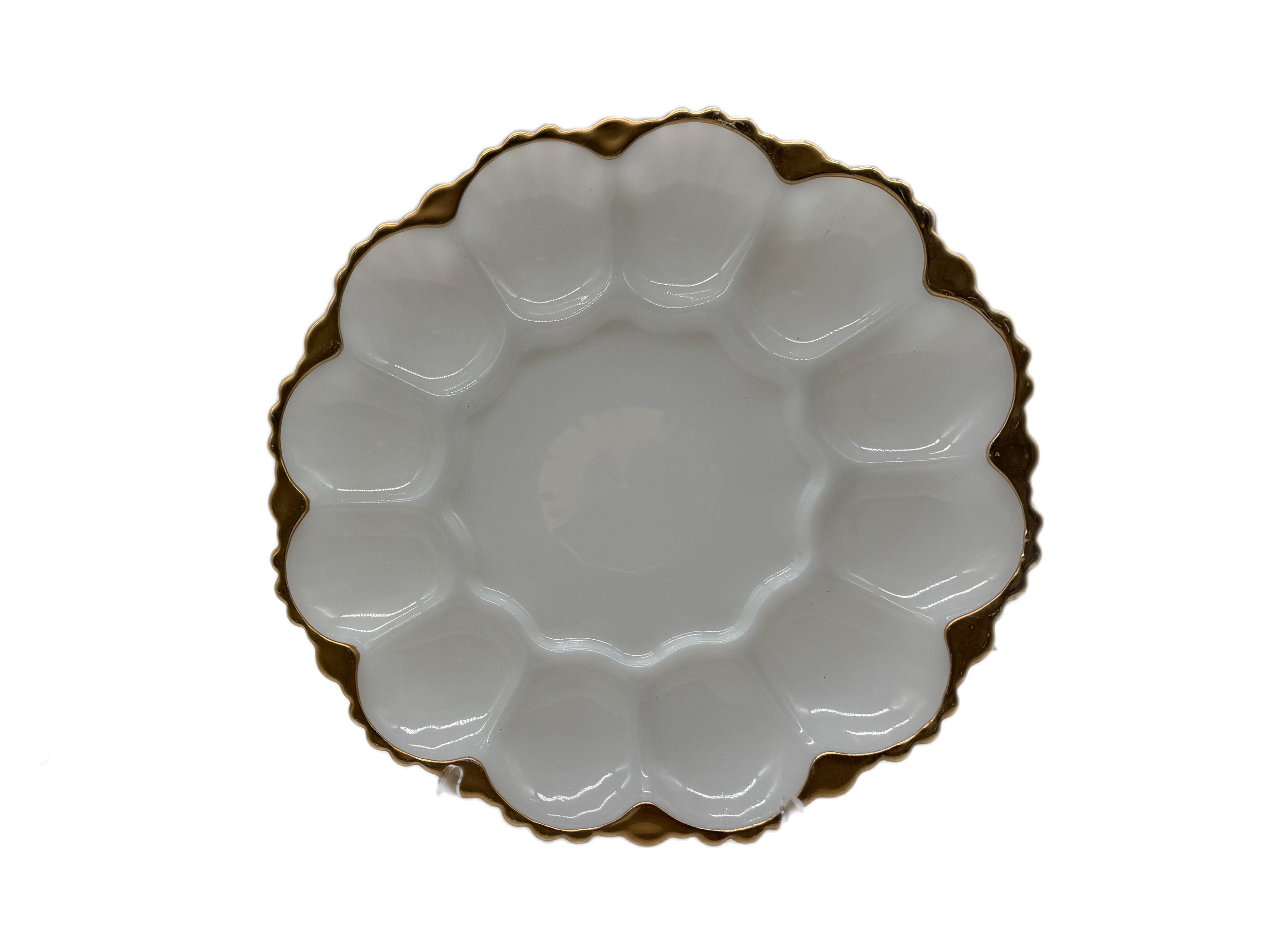 Mid-Century Anchor Hocking Fire King Milk Glass Deviled Egg Plate Pair, rimmed in 22kt Gold