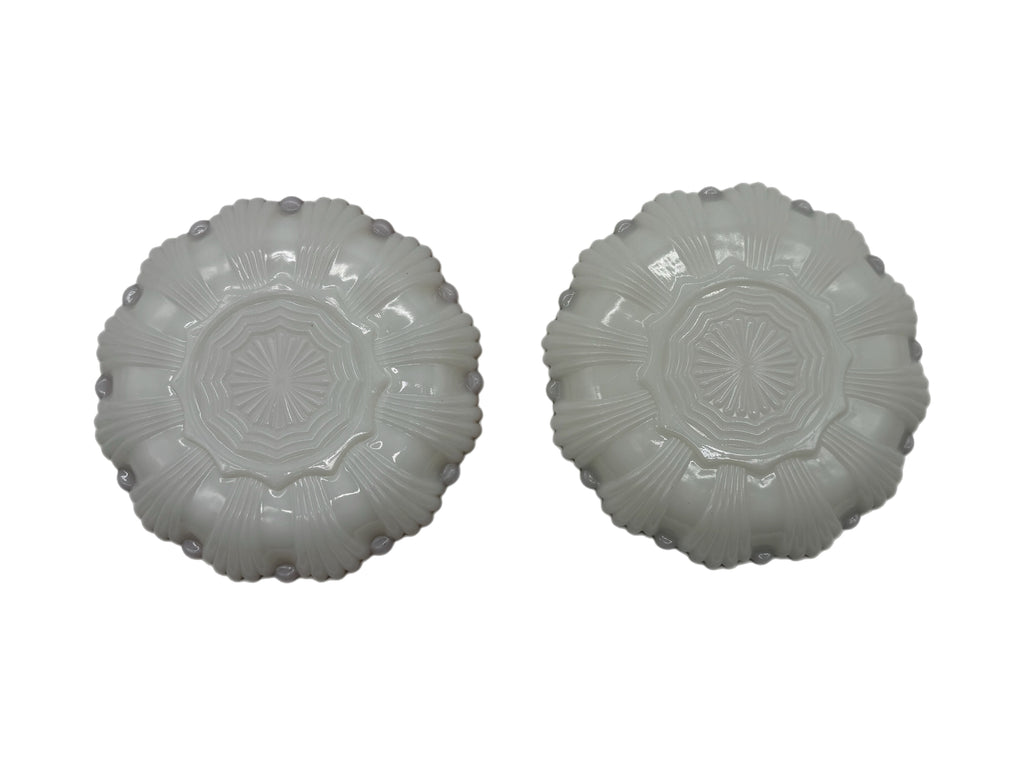 Mid-Century Anchor Hocking Fire King Milk Glass Deviled Egg Plate Pair, rimmed in 22kt Gold