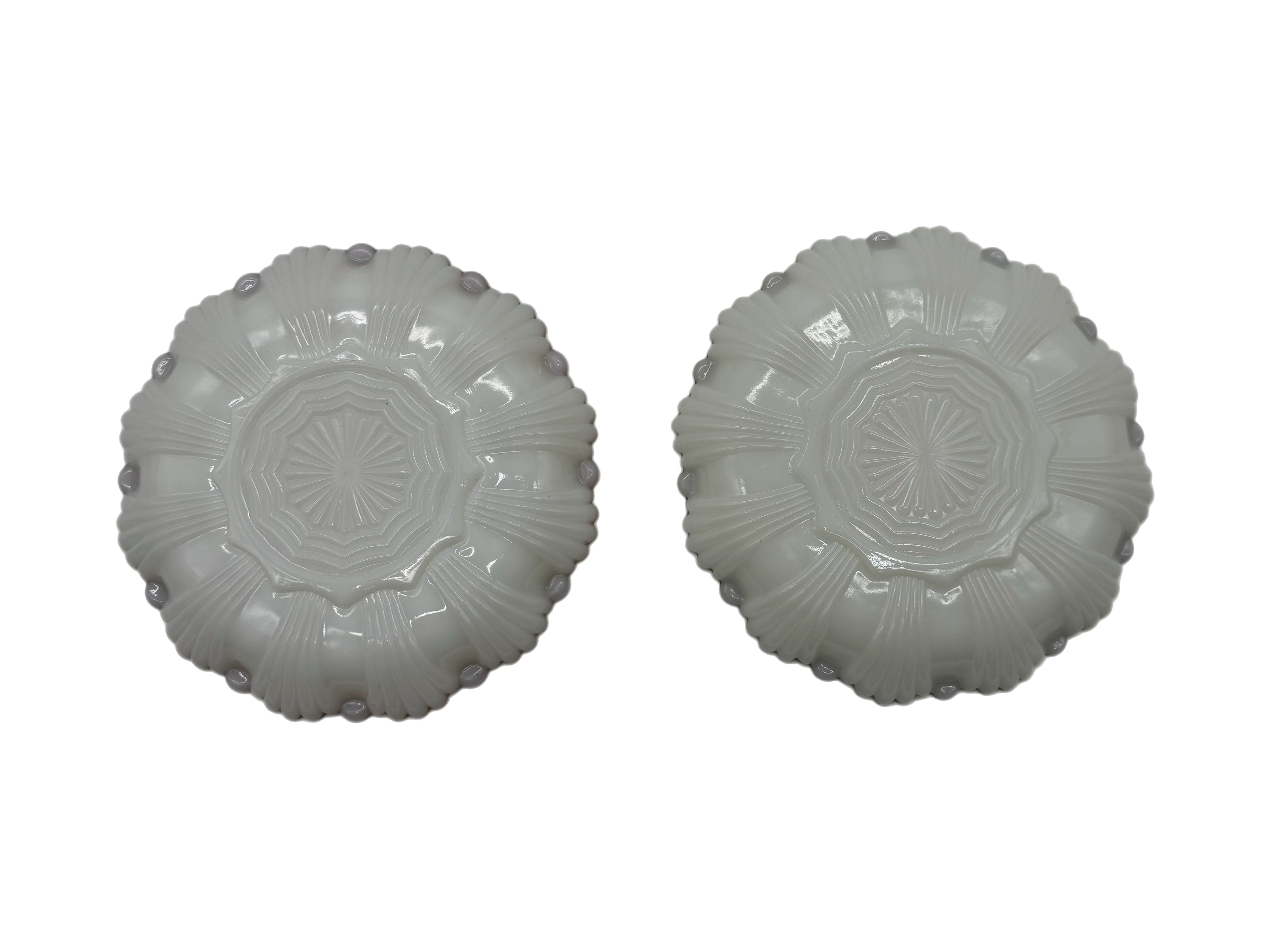 Mid-Century Anchor Hocking Fire King Milk Glass Deviled Egg Plate Pair, rimmed in 22kt Gold