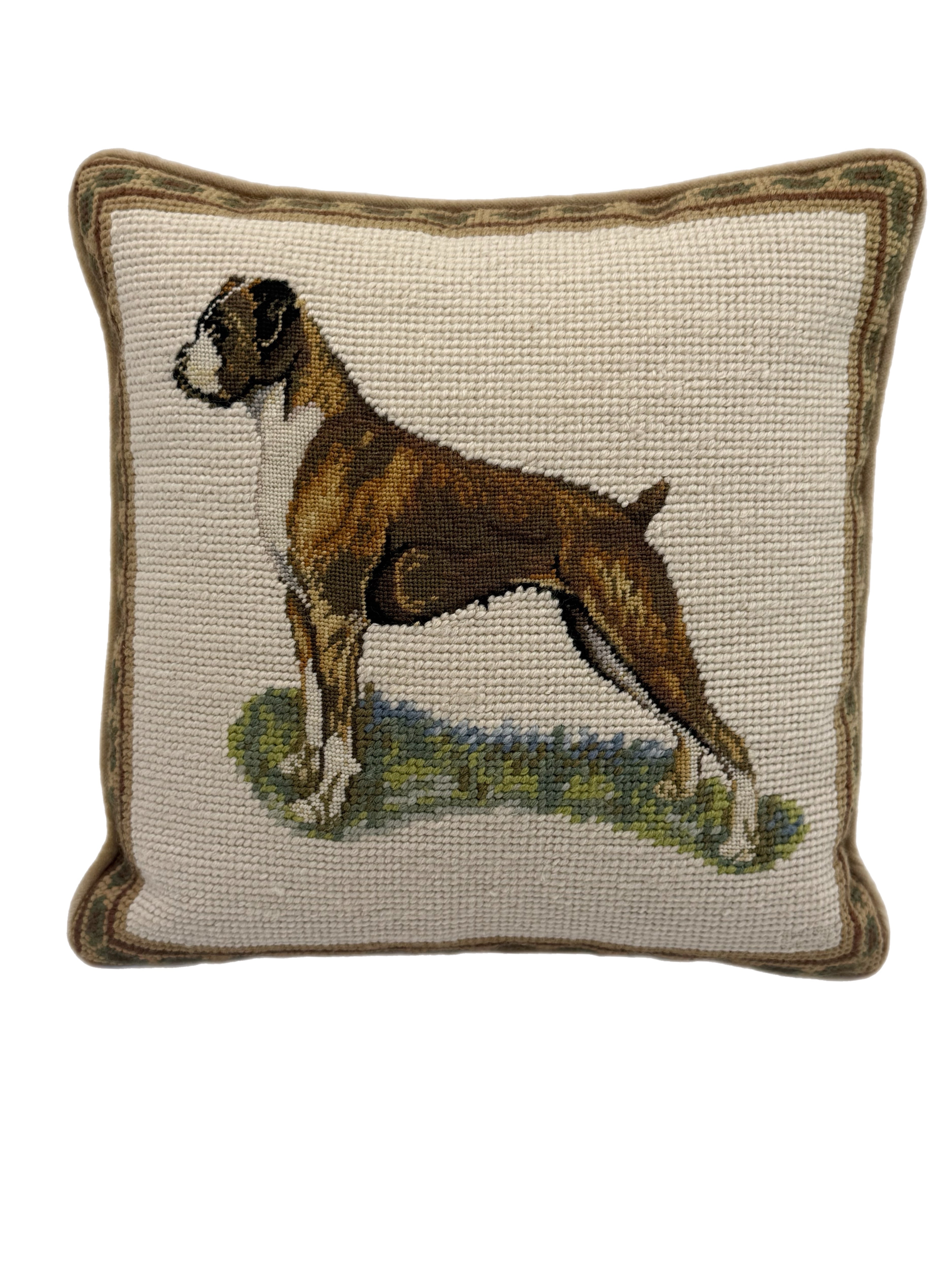 Vintage Decorative Needlepoint Boxer Pillow With Down Insert