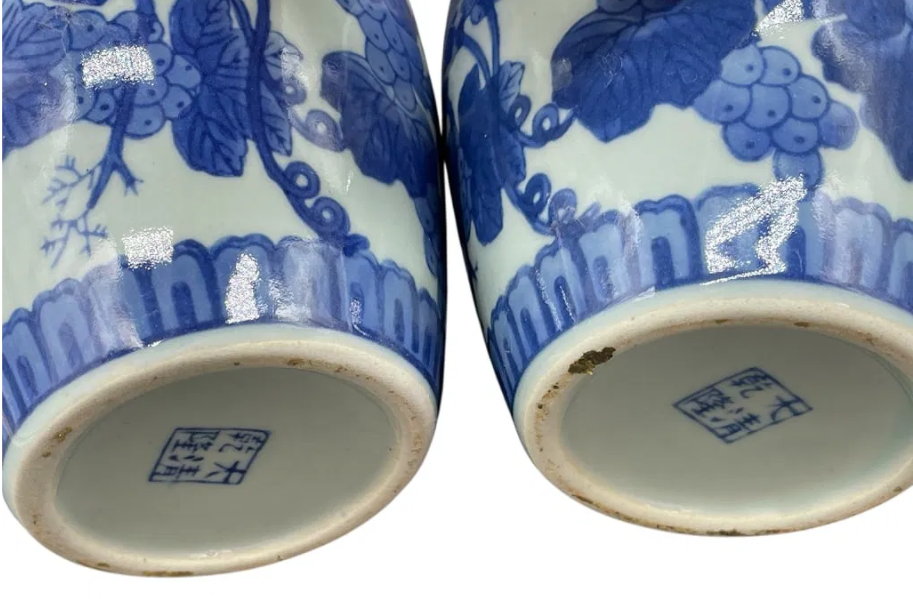 Pair of Vintage Chinese Qing Dynasty Blue and White Grape Leaf Motif Jars