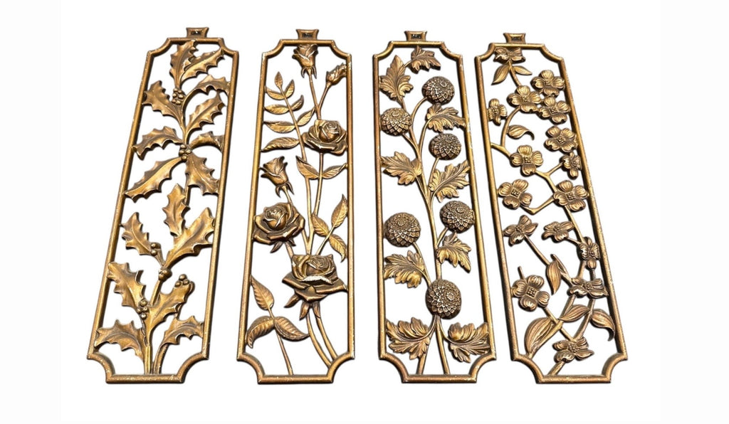 Mid 20th Century Set of Four 20" Hollywood Regency Gilt Botanical Wall Plaques by Sexton