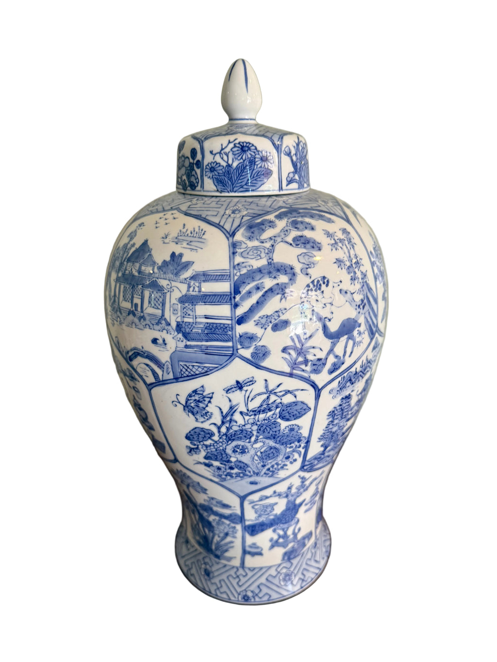 Large Vintage Baluster Form Blue and White Honeycomb Chinoiserie Vase With Fitted Lid