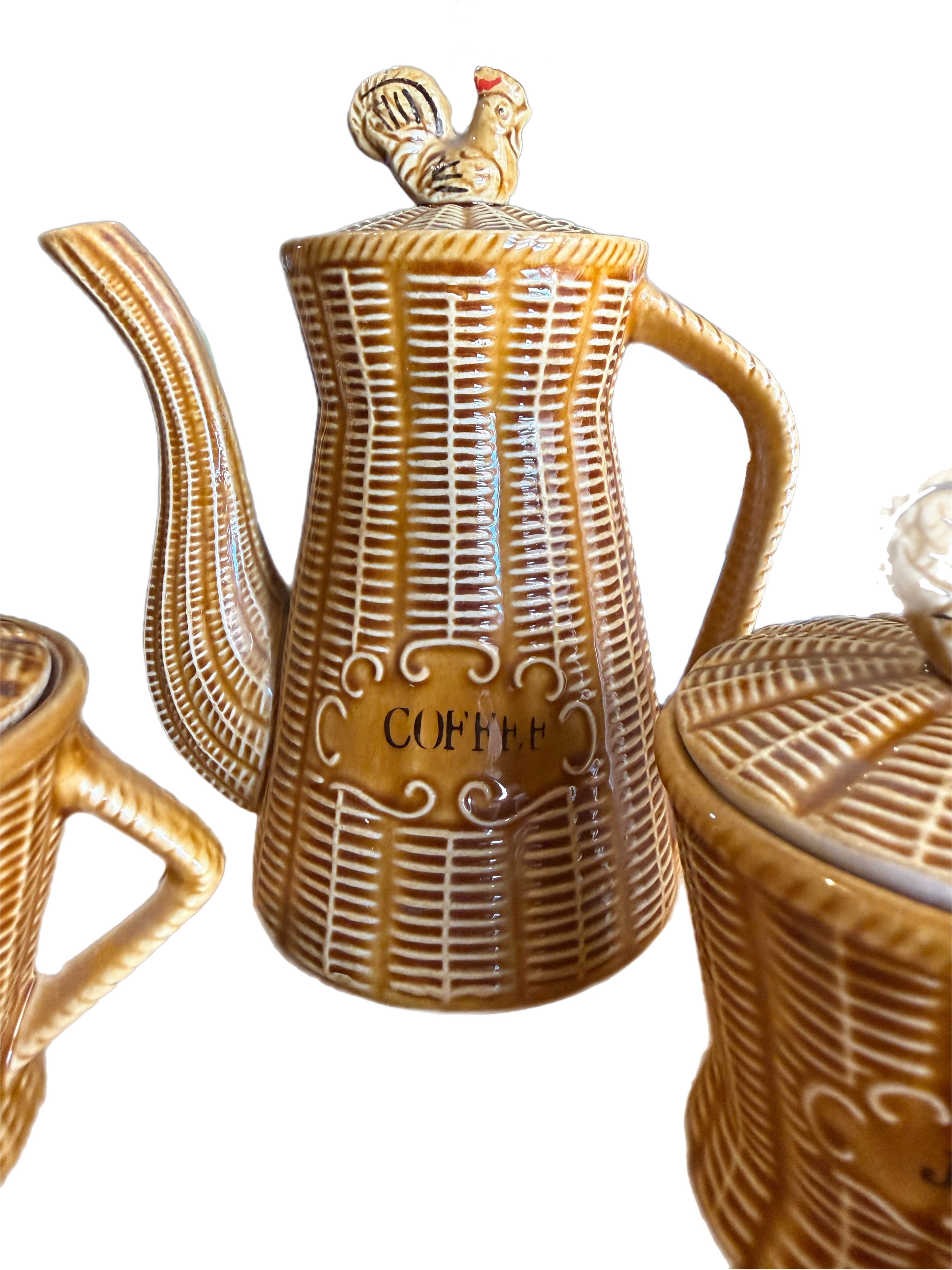 Vintage Majolica Rooster Basketweave Breakfast Set, 4 Pieces