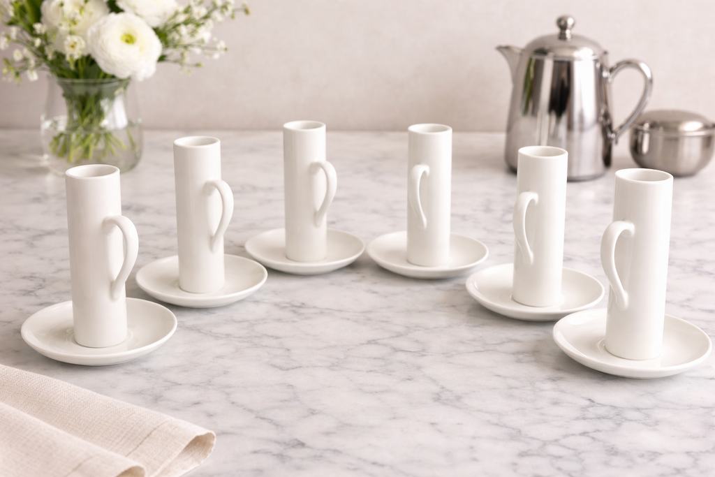 1960s Mid Century Modern LaGardo Tackett White Porcelain Espresso Demitasse Cups & Saucers- Set of Six Sets, 12 PCS