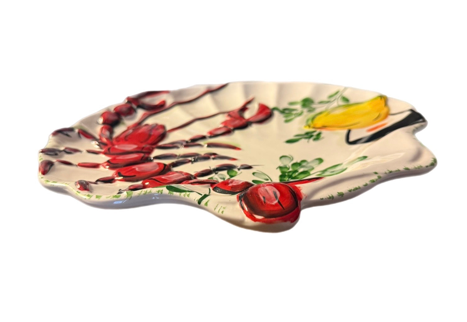 Late 20th Century Hand-Painted Raised Lobster & Lemon Ceramic Platter