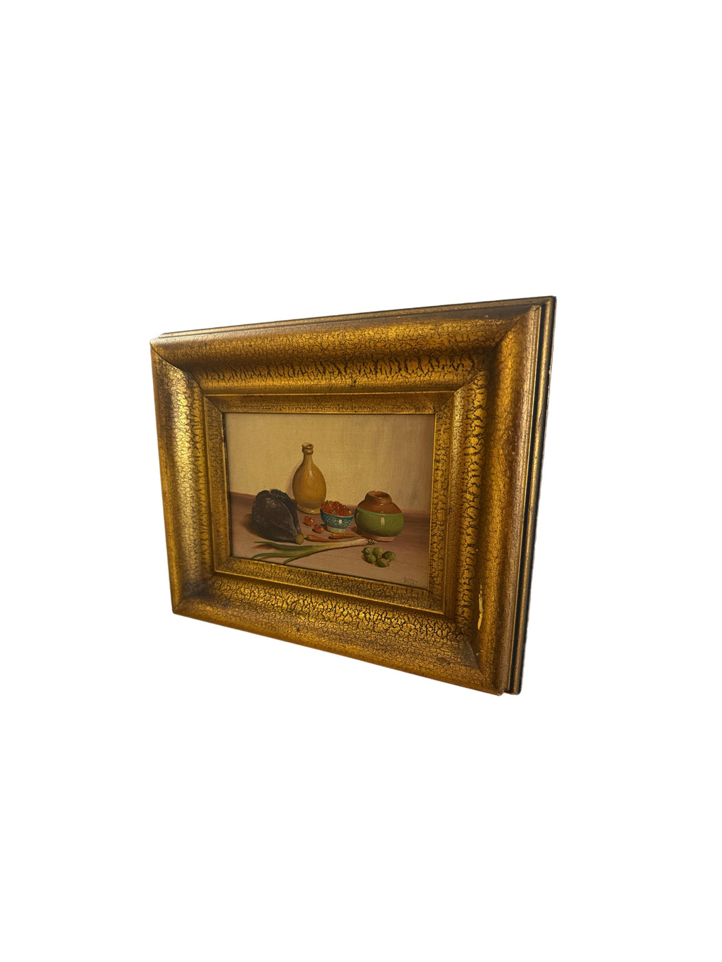 Mid 20th Century Petite European Still Life Oil in Deep Crackle Gilt Frame, Signed v. Weley