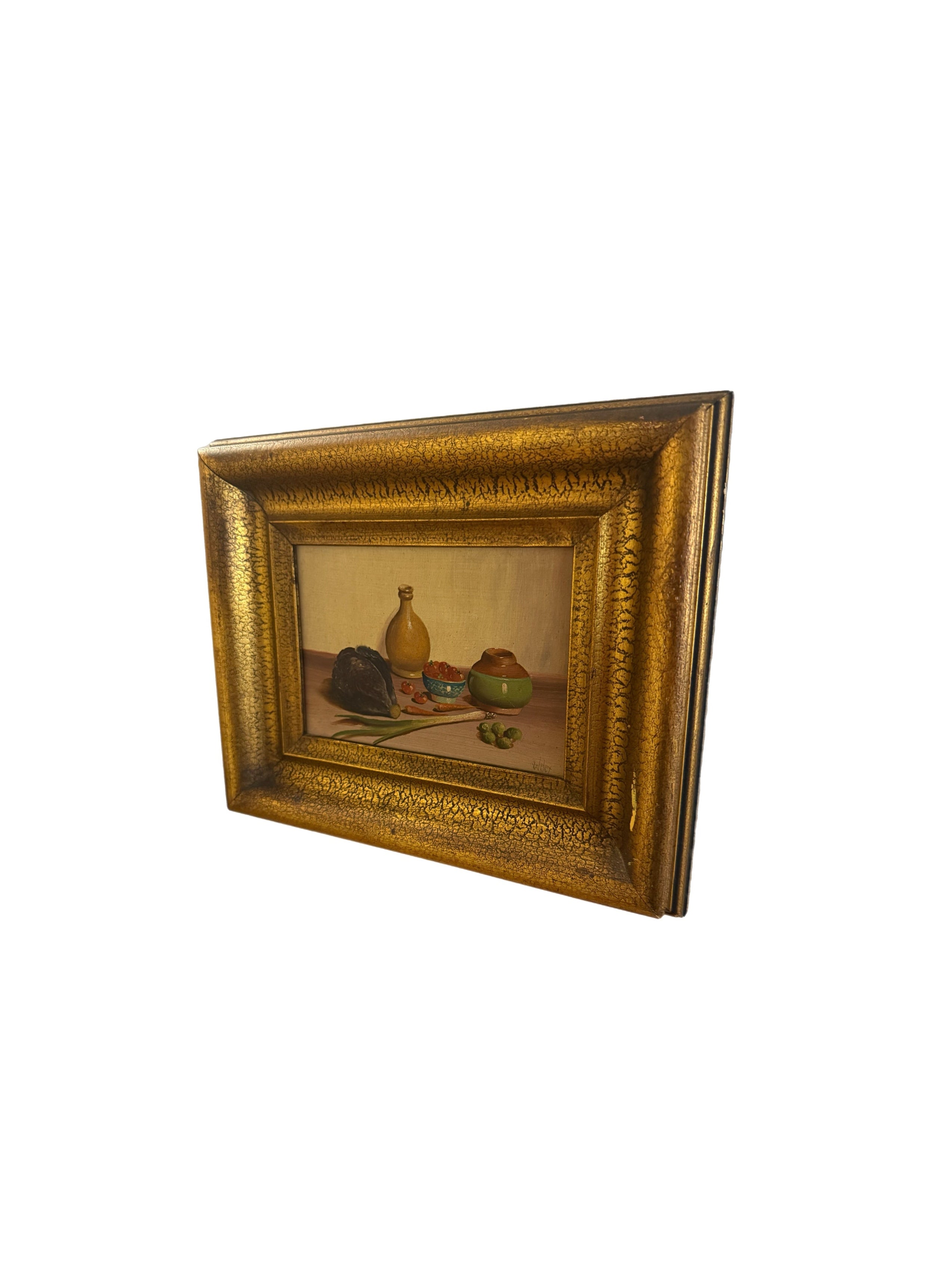 Mid 20th Century Petite European Still Life Oil in Deep Crackle Gilt Frame, Signed v. Weley