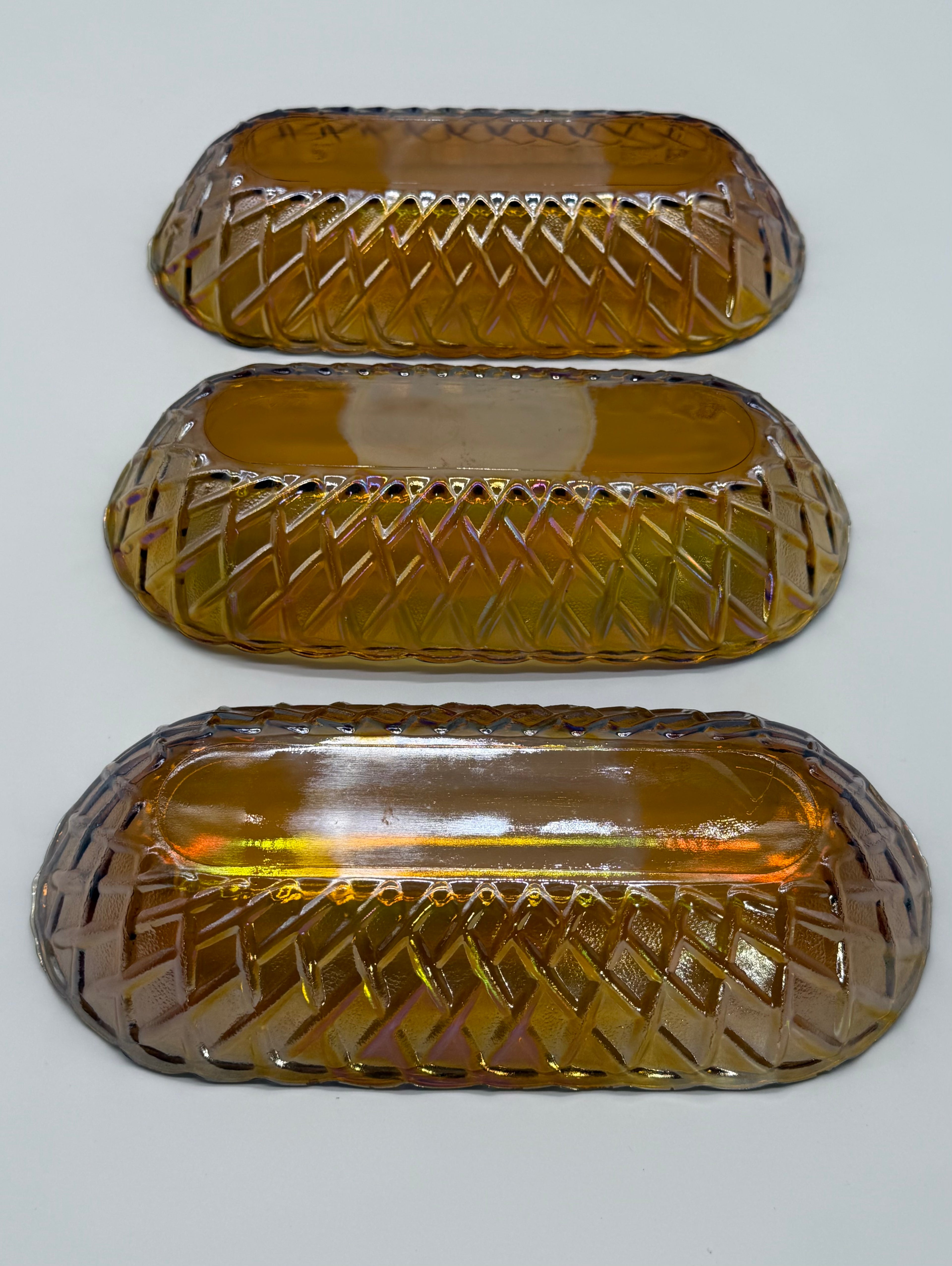 Mid 20th Century American Pressed Amber Carnival Glass Celery Dish - Set of 3