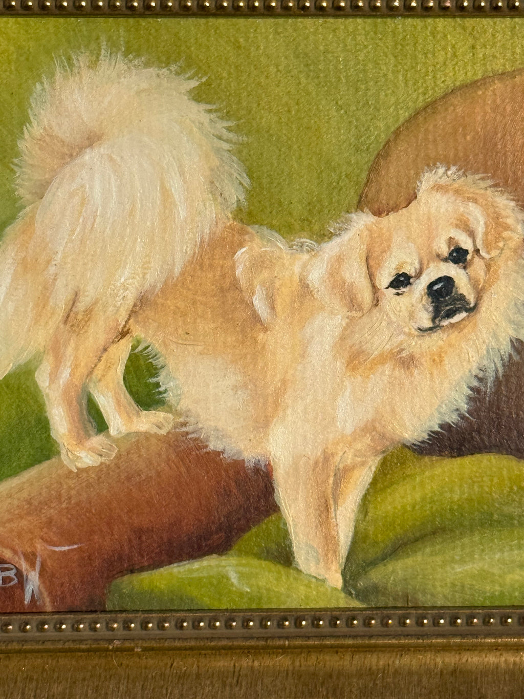 Late 20th Century Small Gold Framed Pekingese Dog Oil Painting, Signed