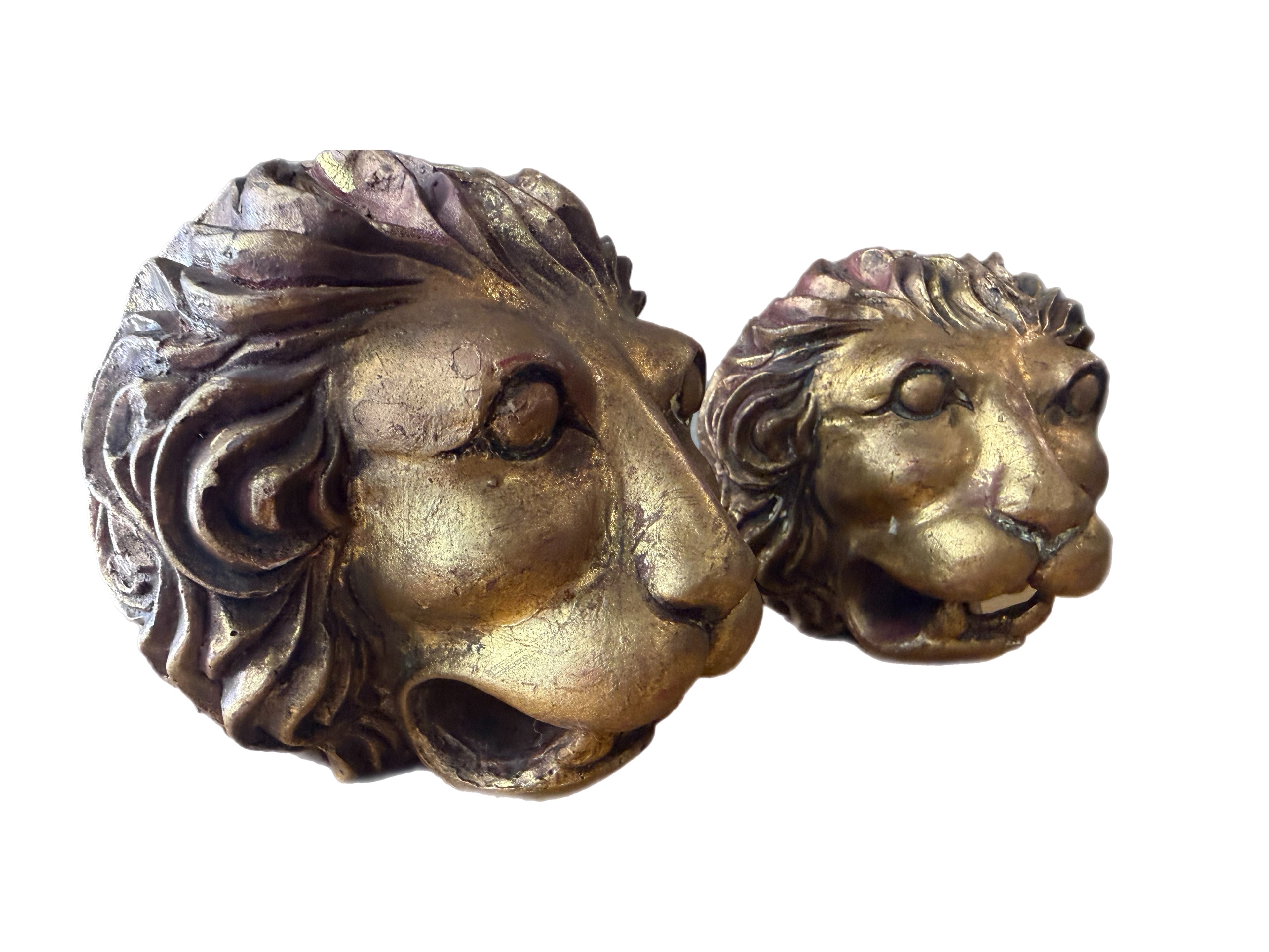 Pair of Vintage Gilt Lion Head Sculptures, Italian Neoclassical Style