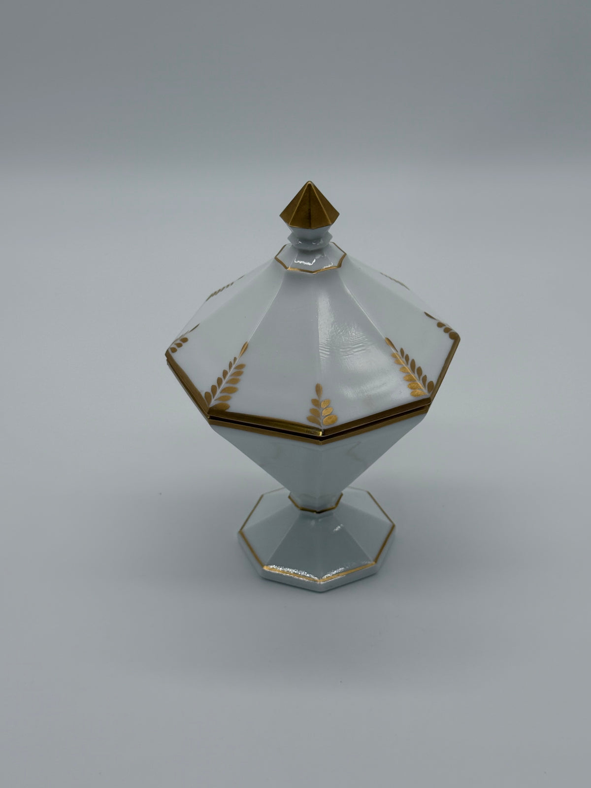 Antique 1920s Westmoreland Gilded Octagonal Milk Glass Covered Dish on Pedestal