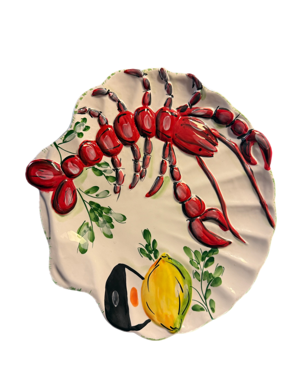 Late 20th Century Hand-Painted Raised Lobster & Lemon Ceramic Platter