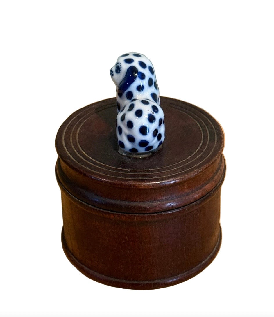 Thai Wood Round Box with Porcelain Spotted Spaniel Finial