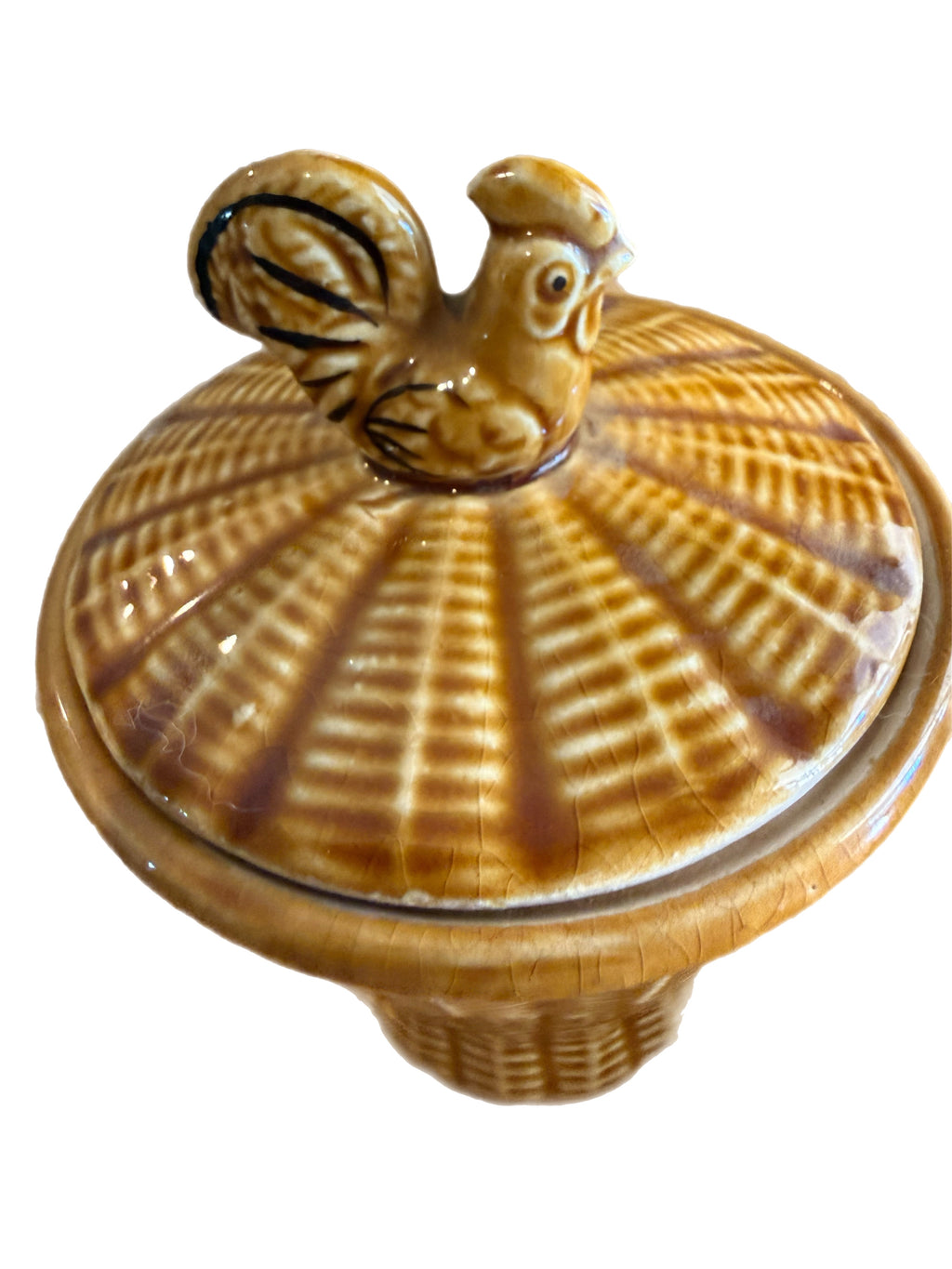 Vintage Majolica Rooster Basketweave Breakfast Set, 4 Pieces