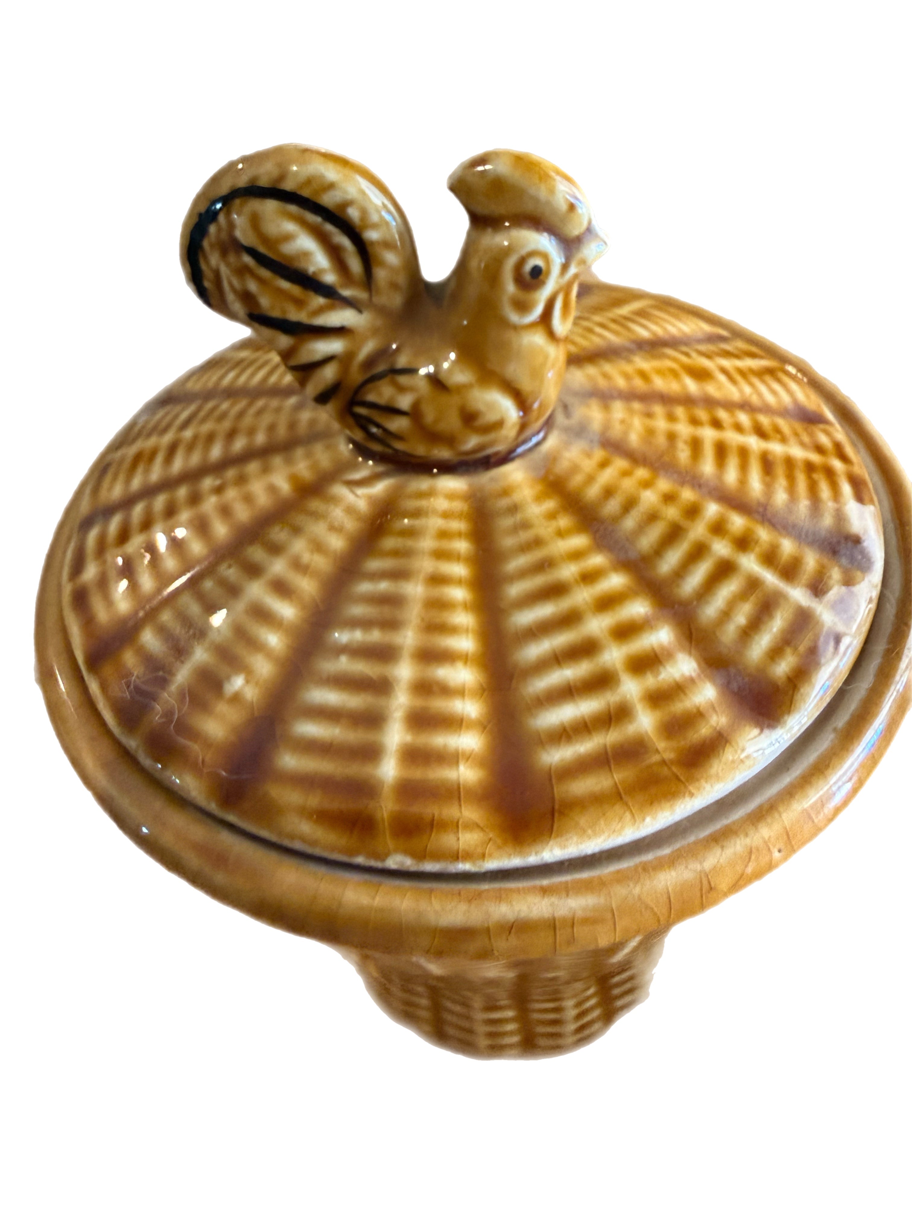 Vintage Majolica Rooster Basketweave Breakfast Set, 4 Pieces