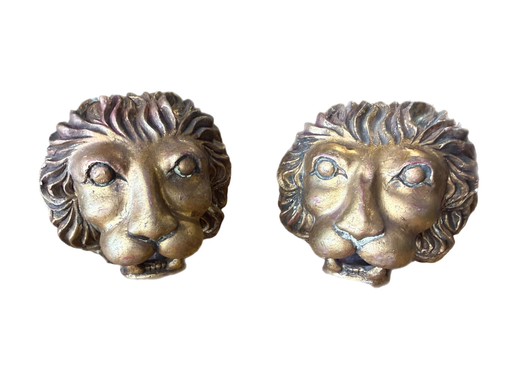 Pair of Vintage Gilt Lion Head Sculptures, Italian Neoclassical Style