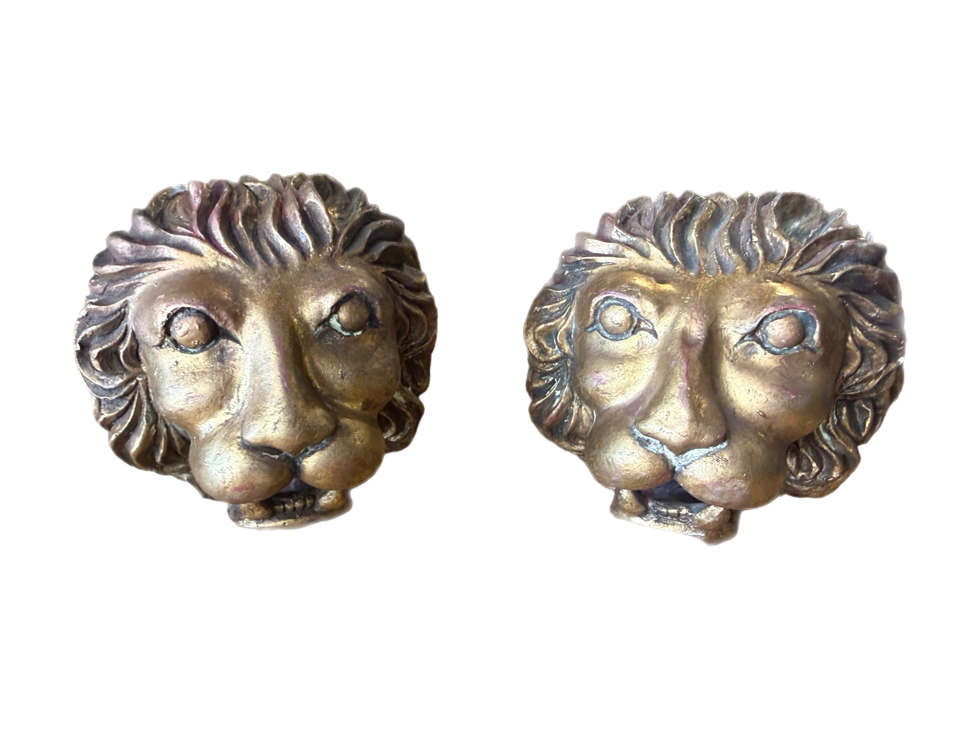 Pair of Vintage Gilt Lion Head Sculptures, Italian Neoclassical Style
