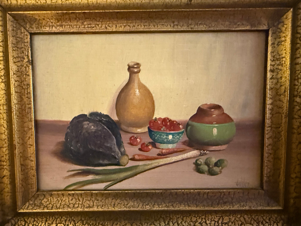 Mid 20th Century Petite European Still Life Oil in Deep Crackle Gilt Frame, Signed v. Weley