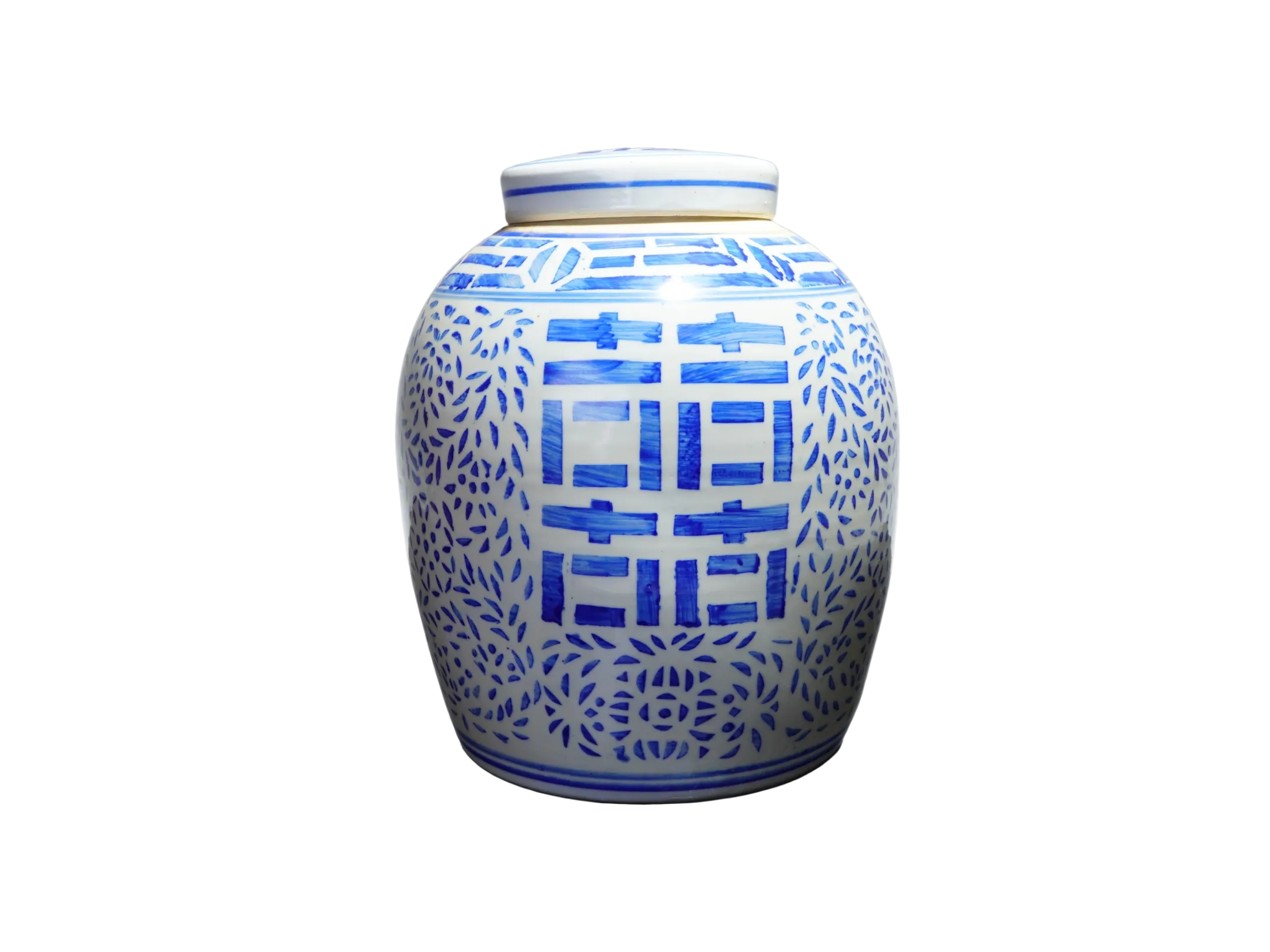Chinese Export Porcelain Double Happiness Lidded Ginger Jar 10”