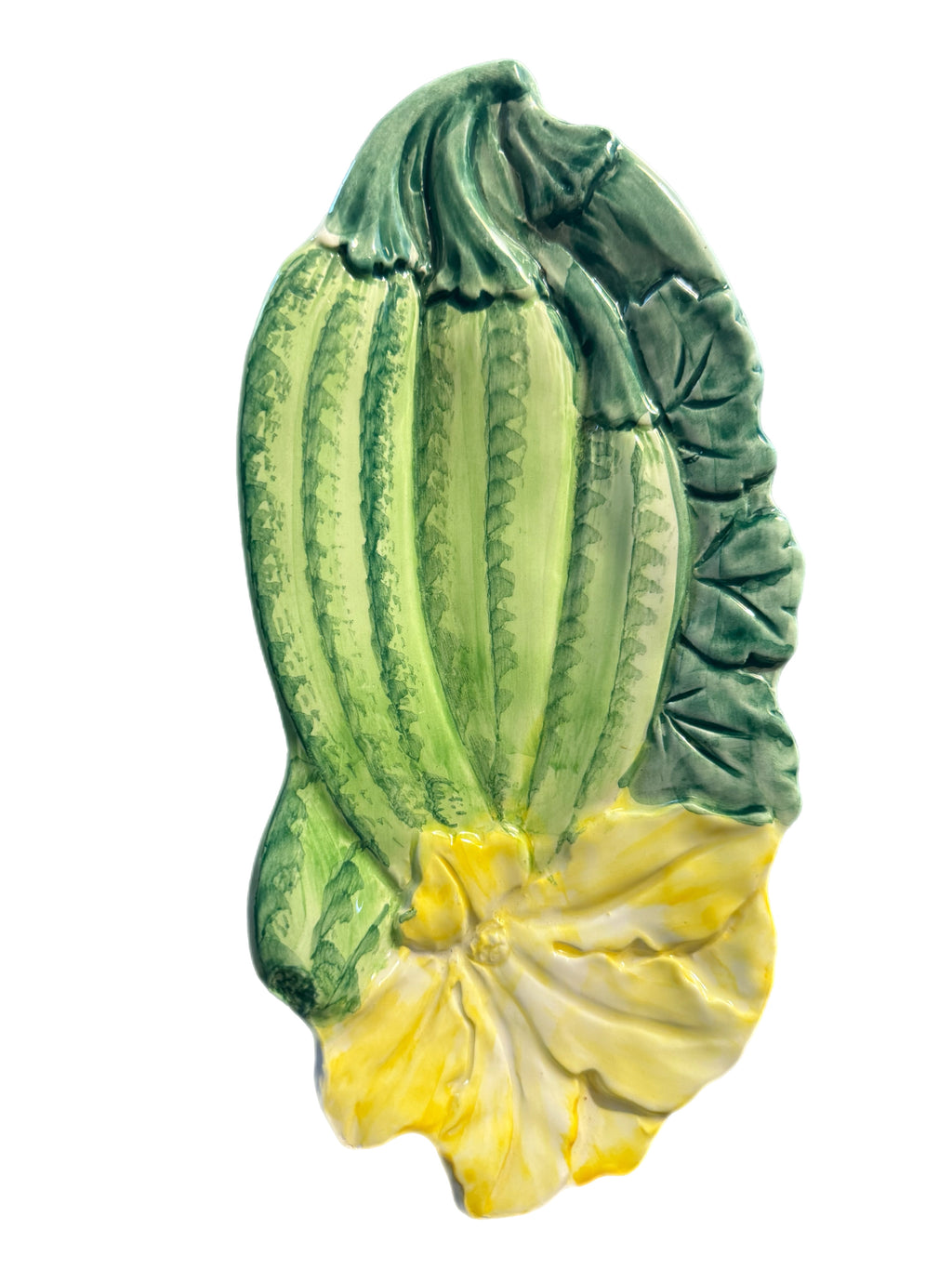 Late 20th Century Italian Majolica Hand-Painted Ceramic Zucchini Flower Serving Dish