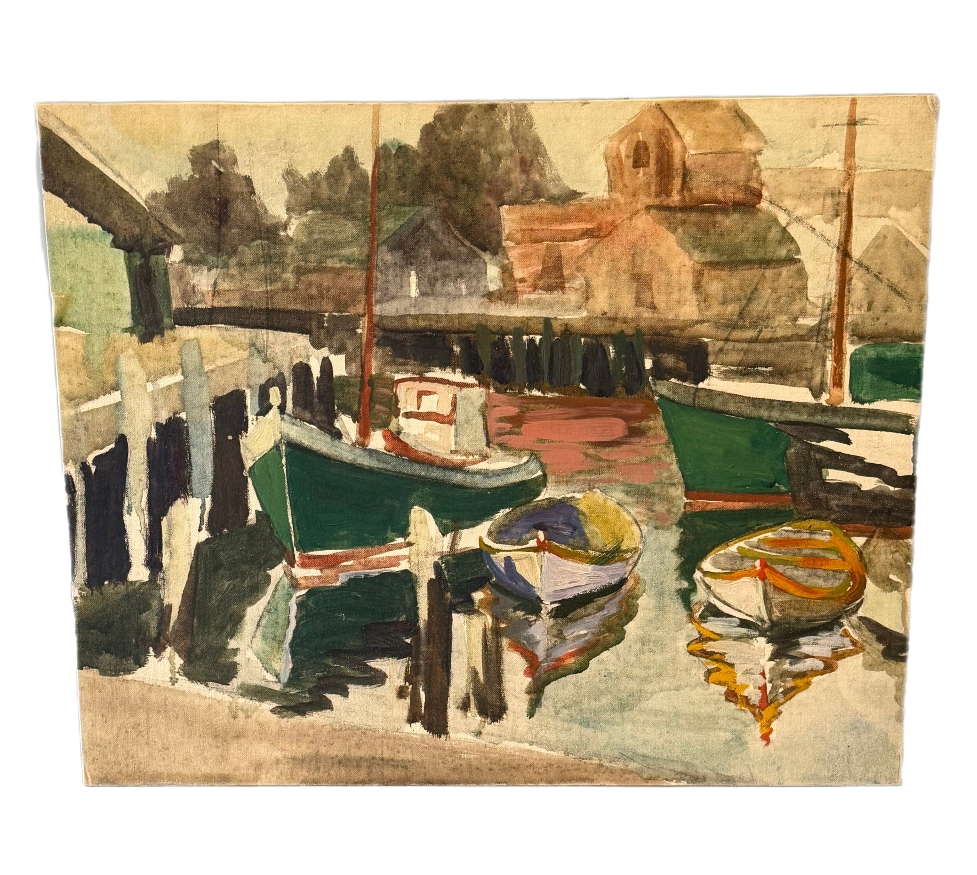 Mid-Century Modernist Harbor Scene, Mixed Media on Artist Board