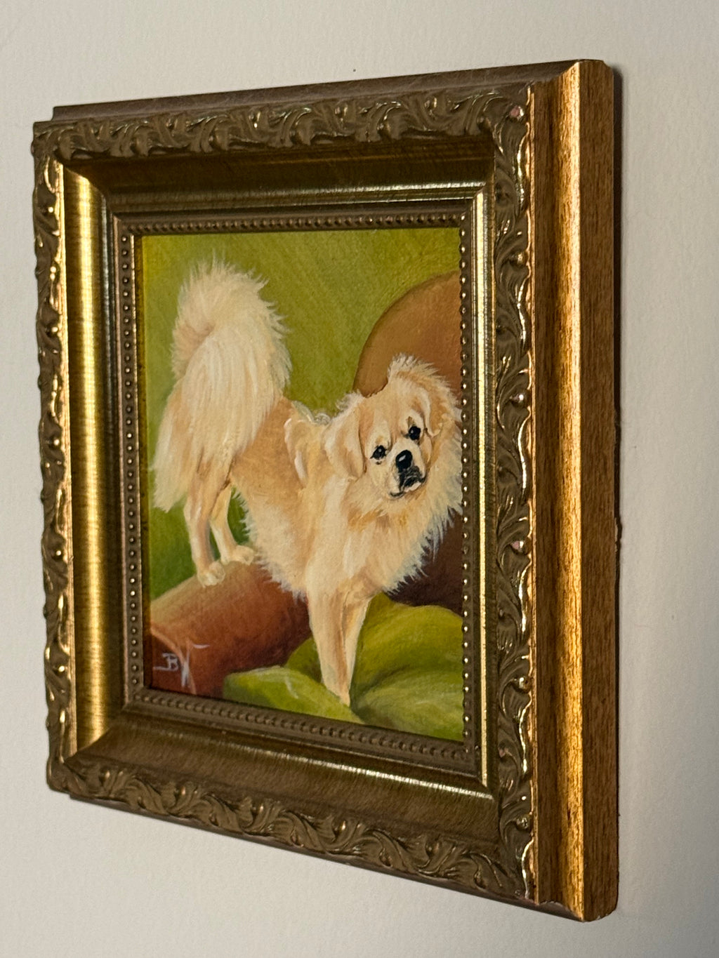Late 20th Century Small Gold Framed Pekingese Dog Oil Painting, Signed