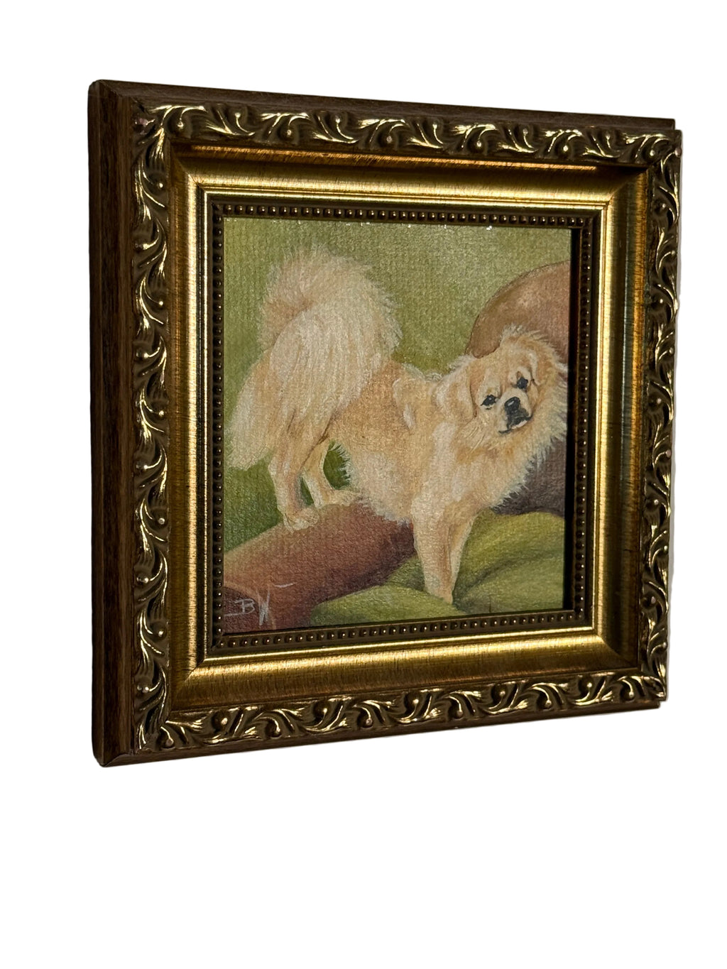 Late 20th Century Small Gold Framed Pekingese Dog Oil Painting, Signed