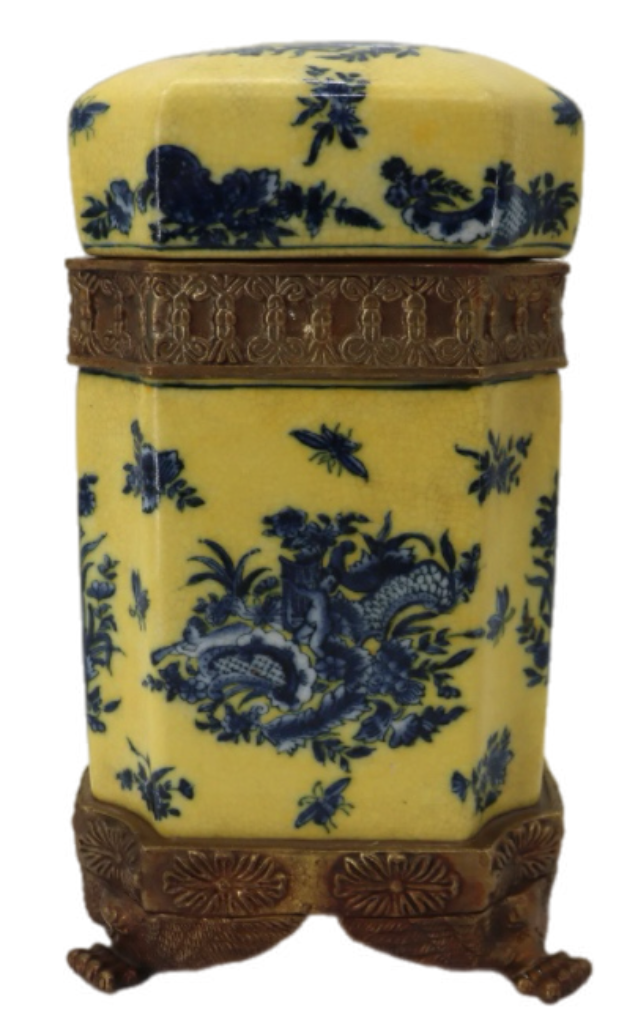 Vintage Wong Lee 1895 Chinoiserie Rococco Yellow & Blue Porcelain Ormolu Bronze Decorative Container