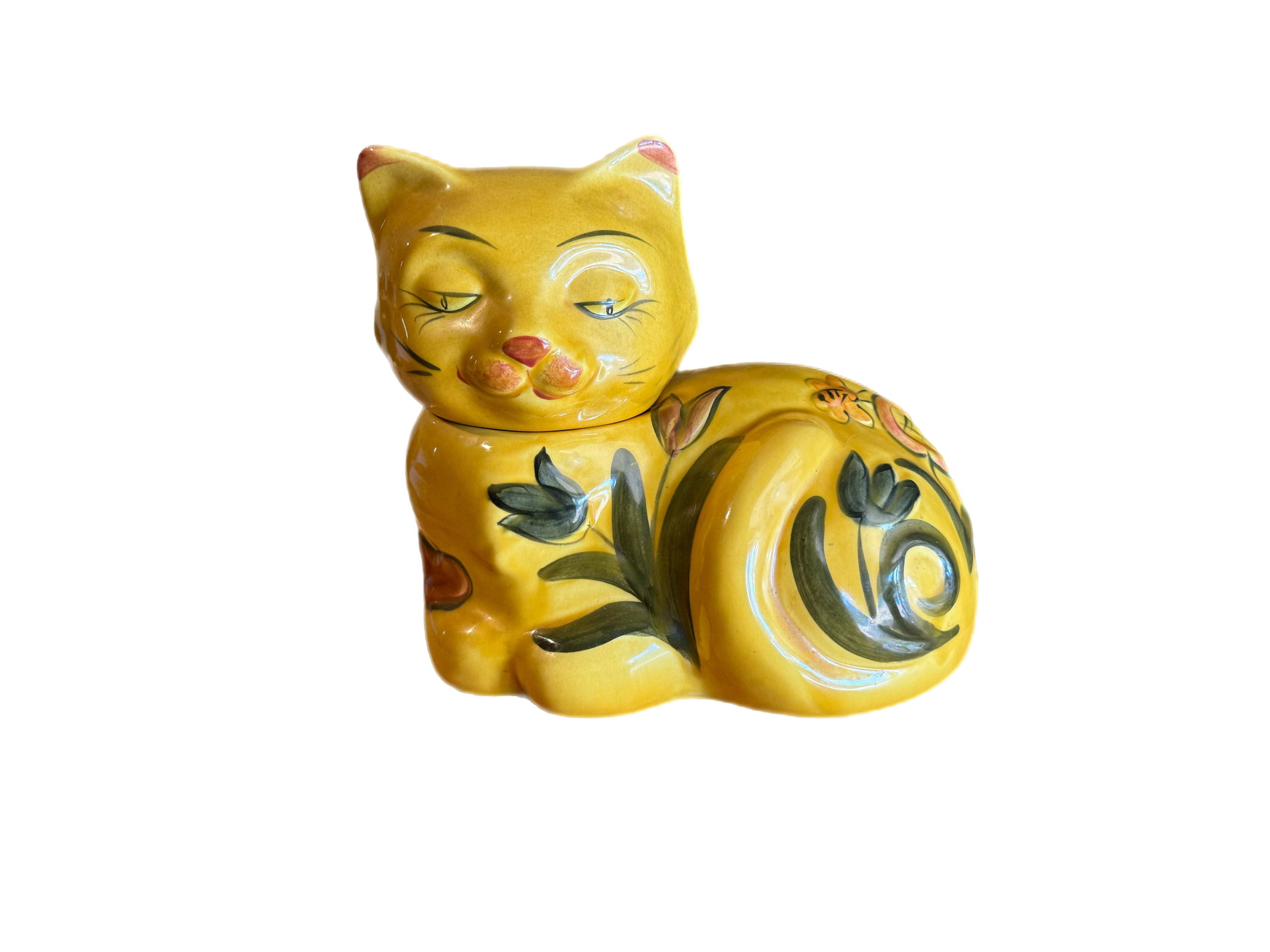 Vintage 1960s Yellow Calico Cat Ceramic Cookie Jar