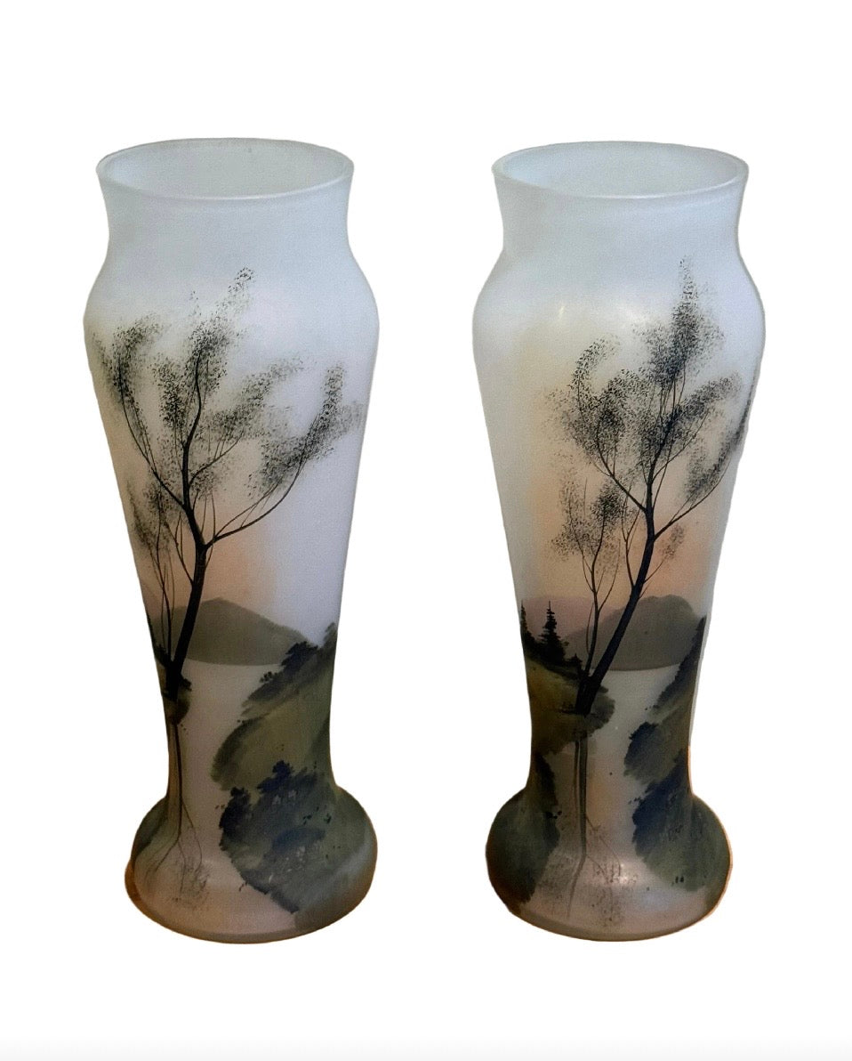 Pair of Early 20th Century Frosted Glass Vases With Hand-Painted Landscapes