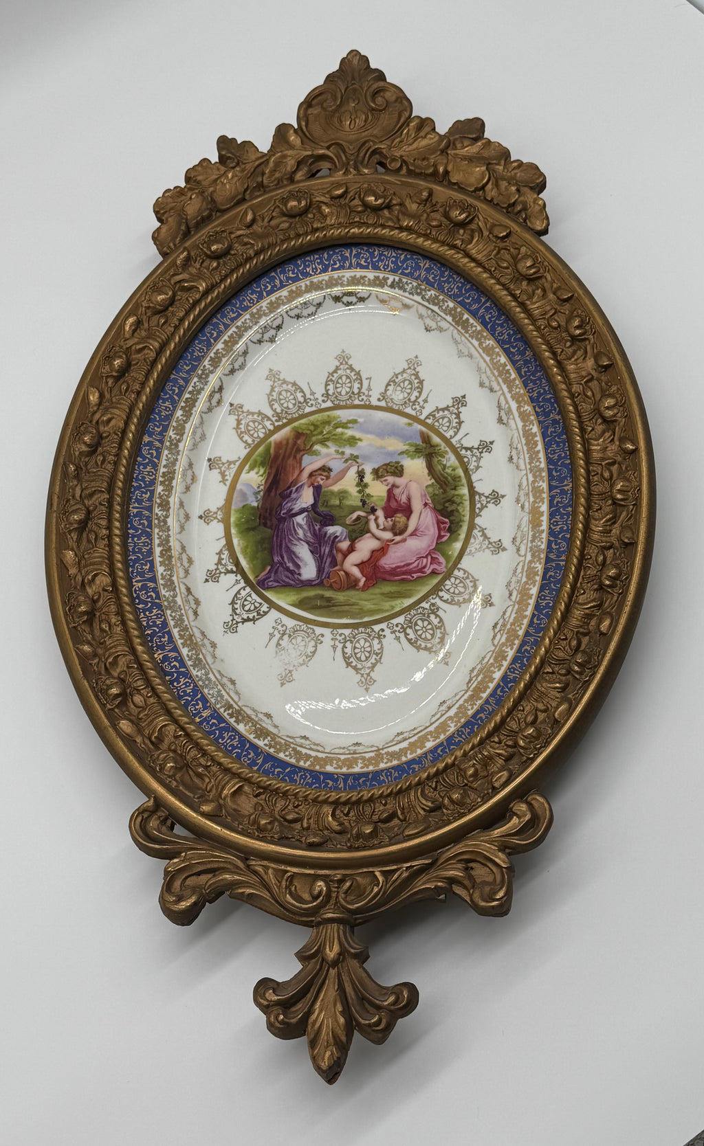 1960s Large Ornately Carved Gilt Framed 22kt Gold Classical Porcelain Plaque, Atlas International