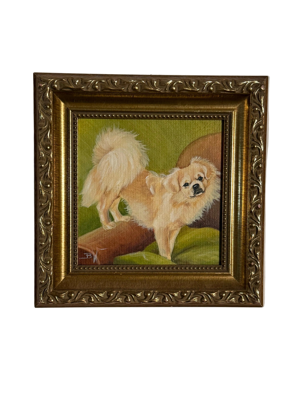 Late 20th Century Small Gold Framed Pekingese Dog Oil Painting, Signed