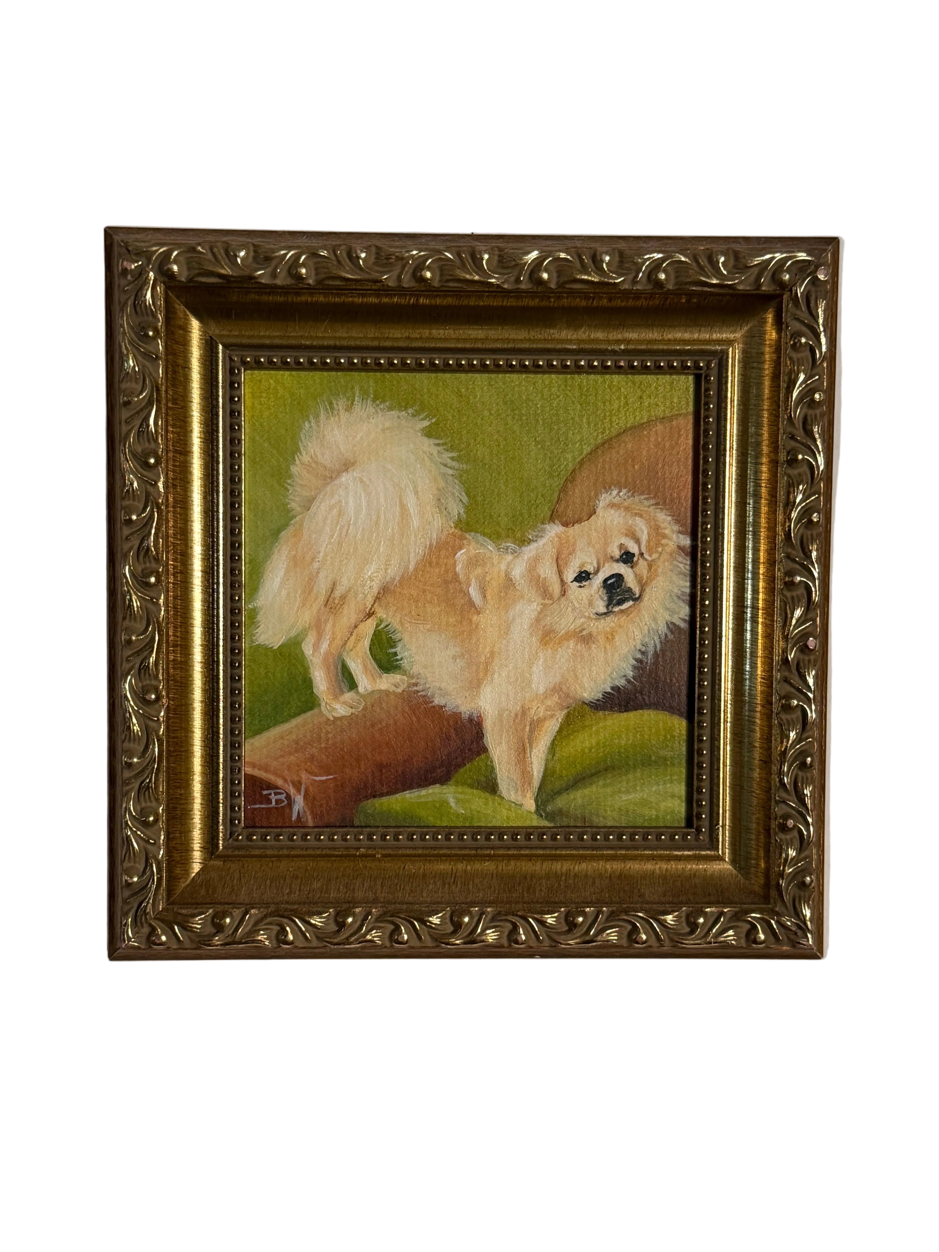 Late 20th Century Small Gold Framed Pekingese Dog Oil Painting, Signed