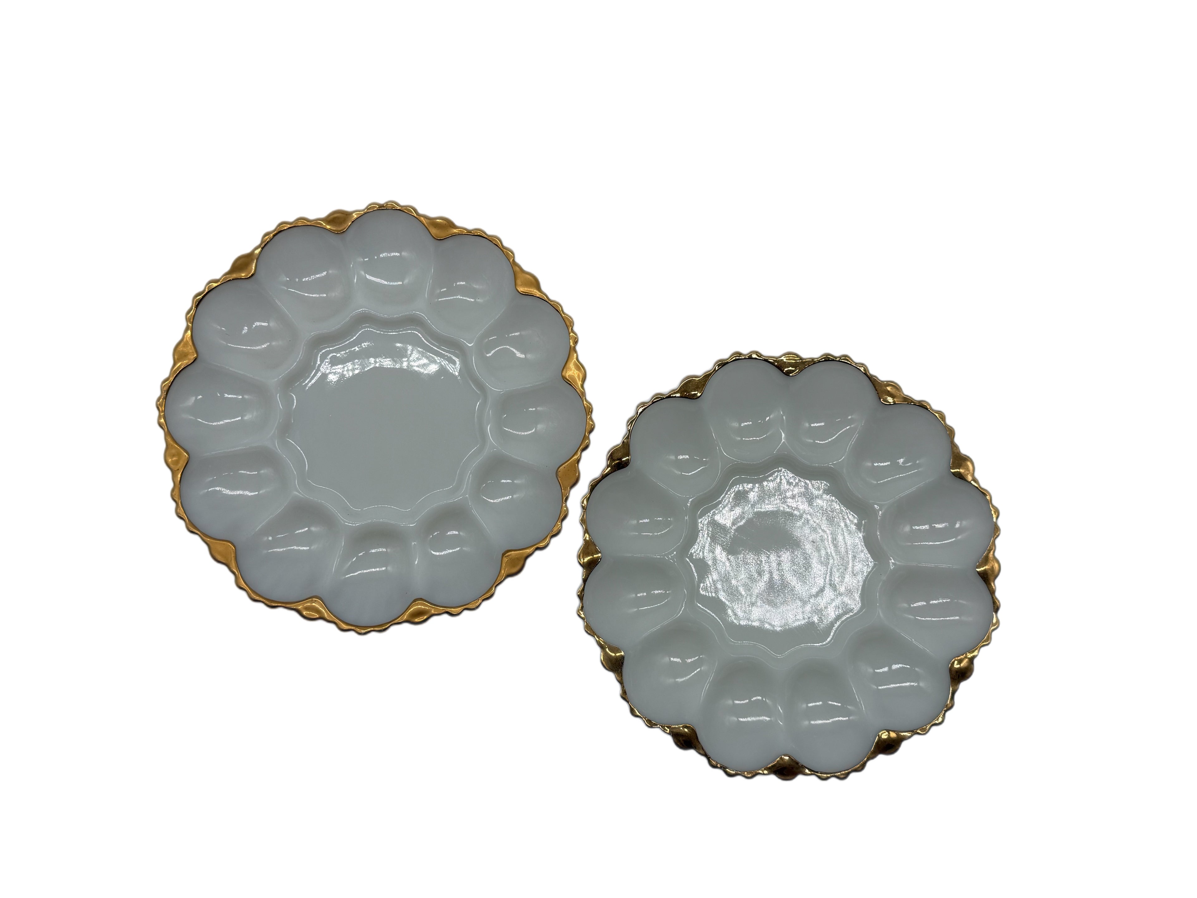 Mid-Century Anchor Hocking Fire King Milk Glass Deviled Egg Plate Pair, rimmed in 22kt Gold