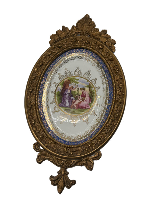 1960s Large Ornately Carved Gilt Framed 22kt Gold Classical Porcelain Plaque, Atlas International