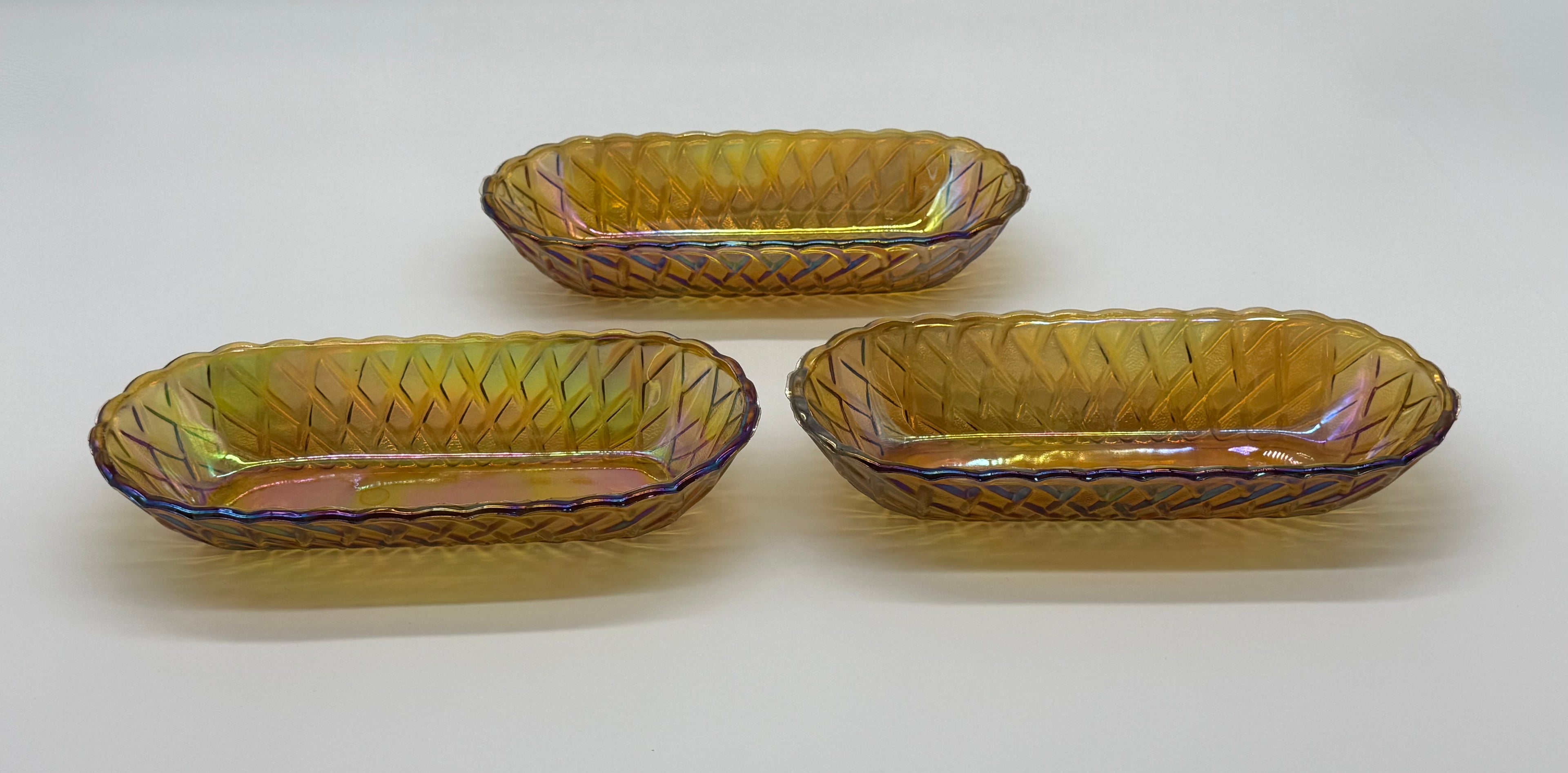 Mid 20th Century American Pressed Amber Carnival Glass Celery Dish - Set of 3