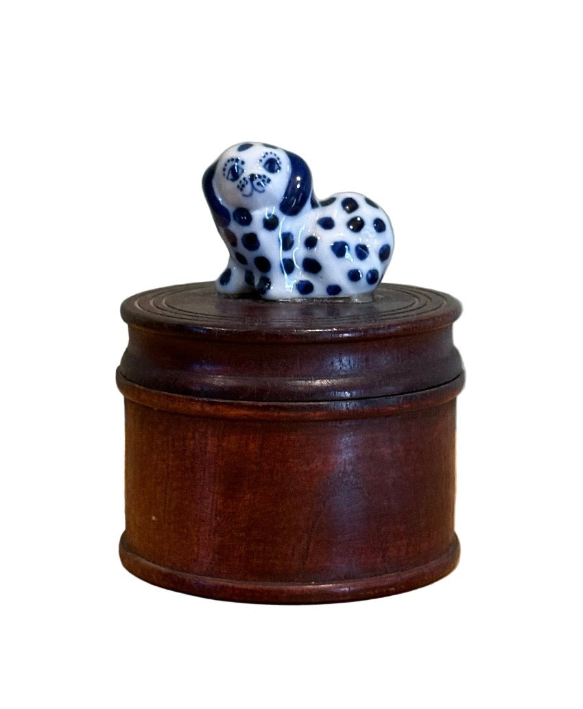 Thai Wood Round Box with Porcelain Spotted Spaniel Finial