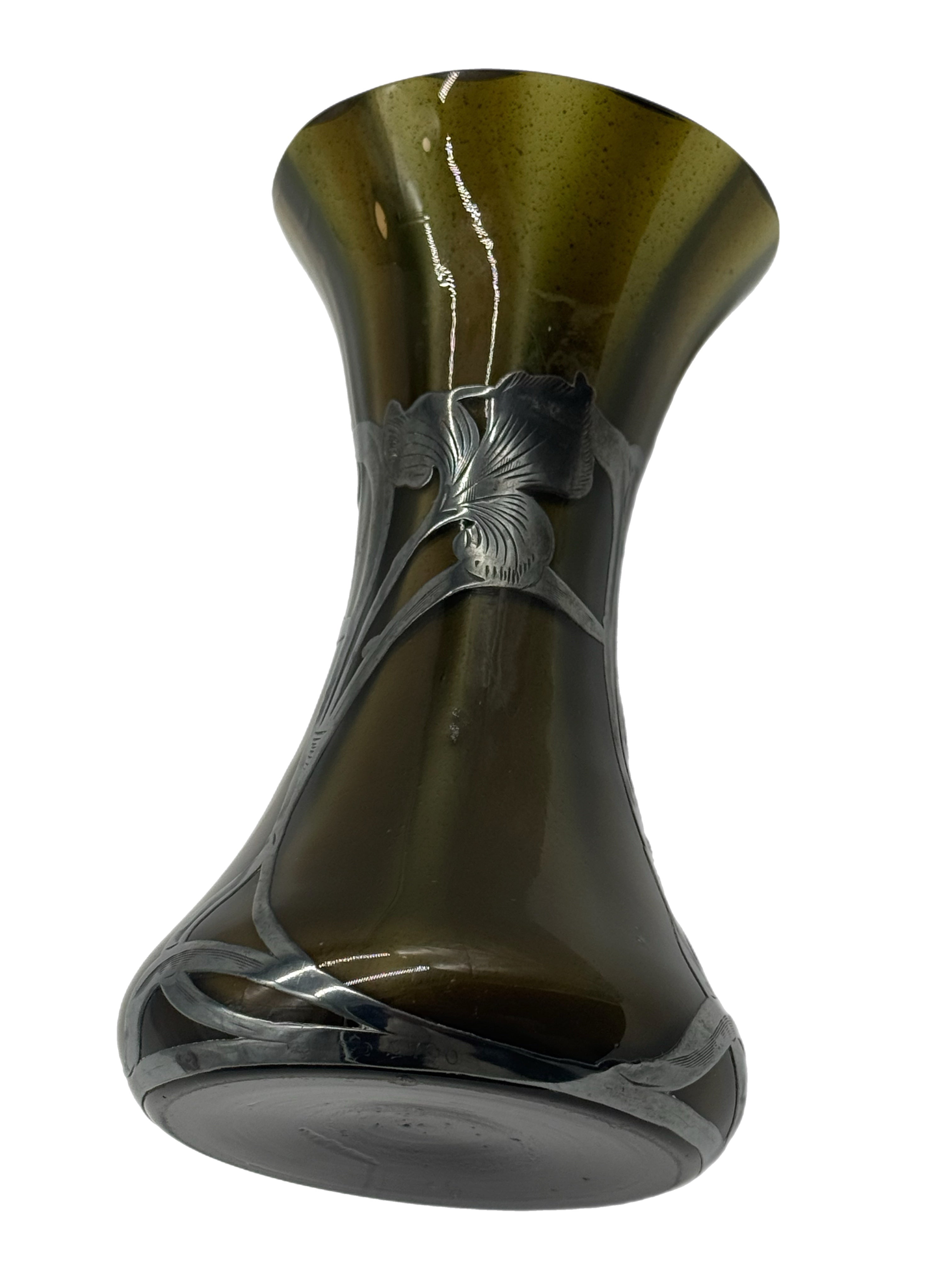 Early 20th Century Art Nouveau Green Glass Vase With Silver Floral Overlay