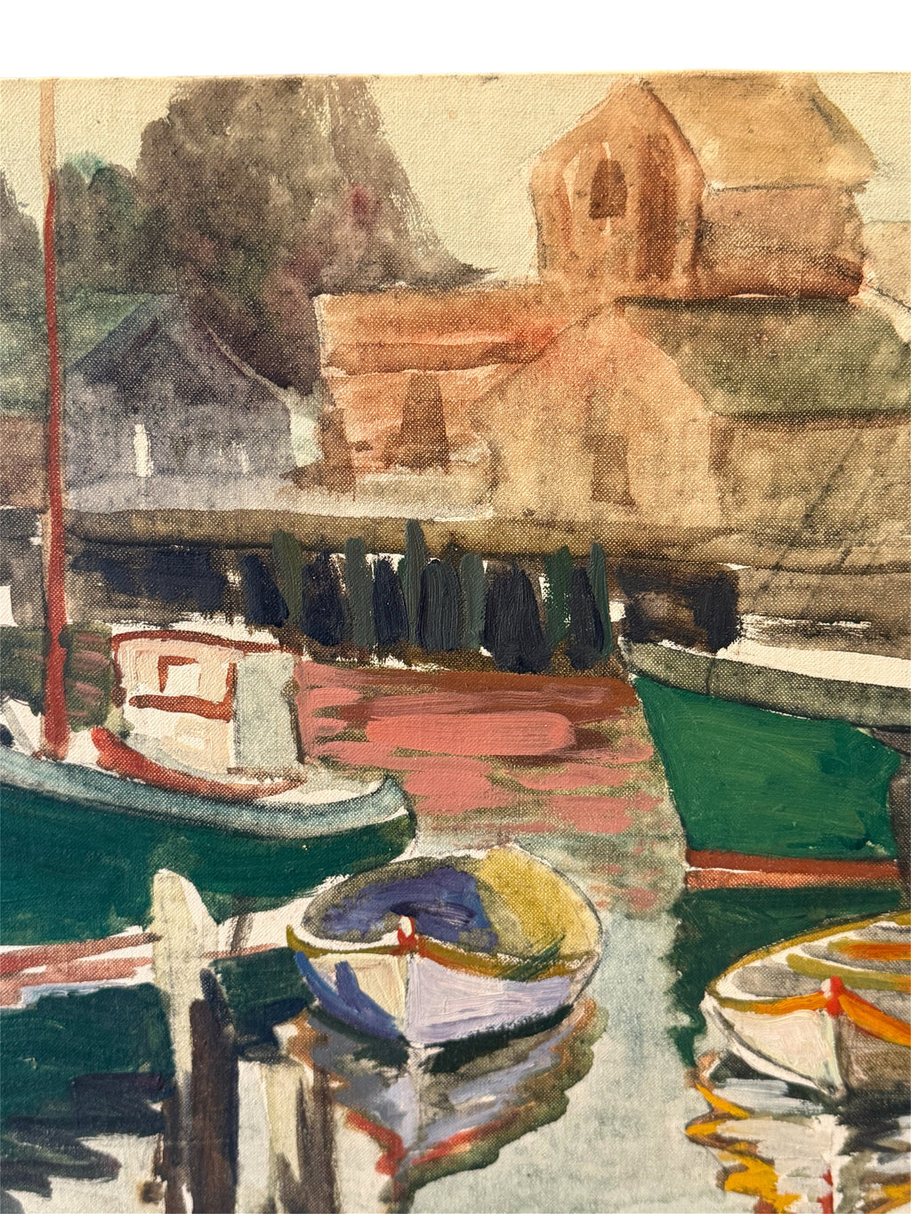 Mid-Century Modernist Harbor Scene, Mixed Media on Artist Board