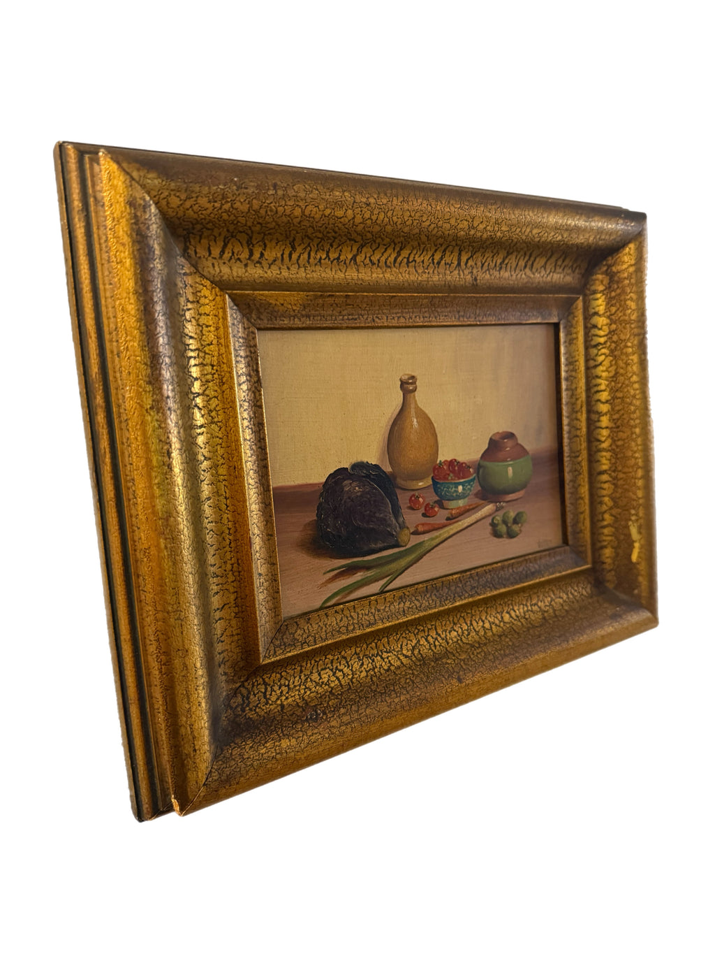 Mid 20th Century Petite European Still Life Oil in Deep Crackle Gilt Frame, Signed v. Weley