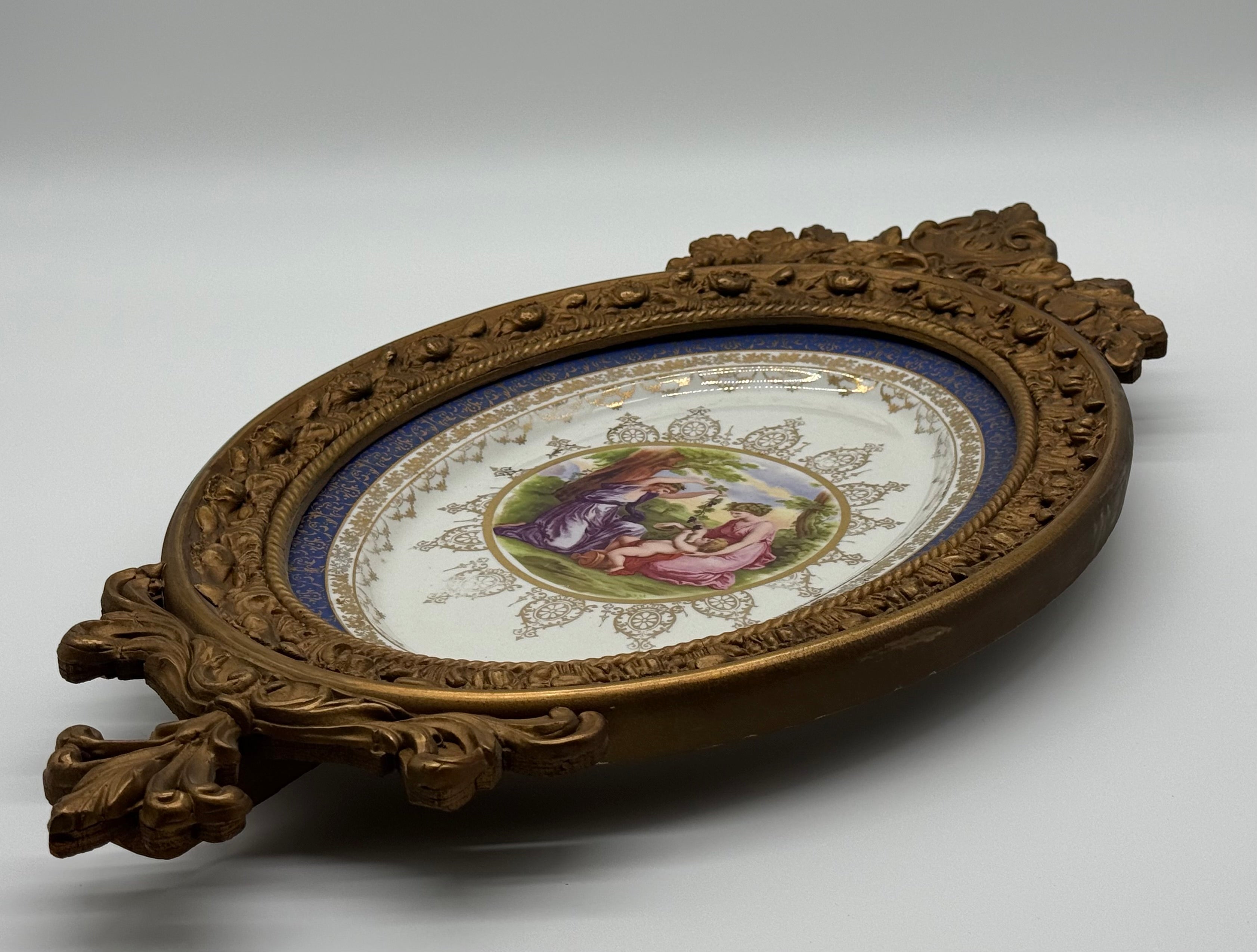 1960s Large Ornately Carved Gilt Framed 22kt Gold Classical Porcelain Plaque, Atlas International