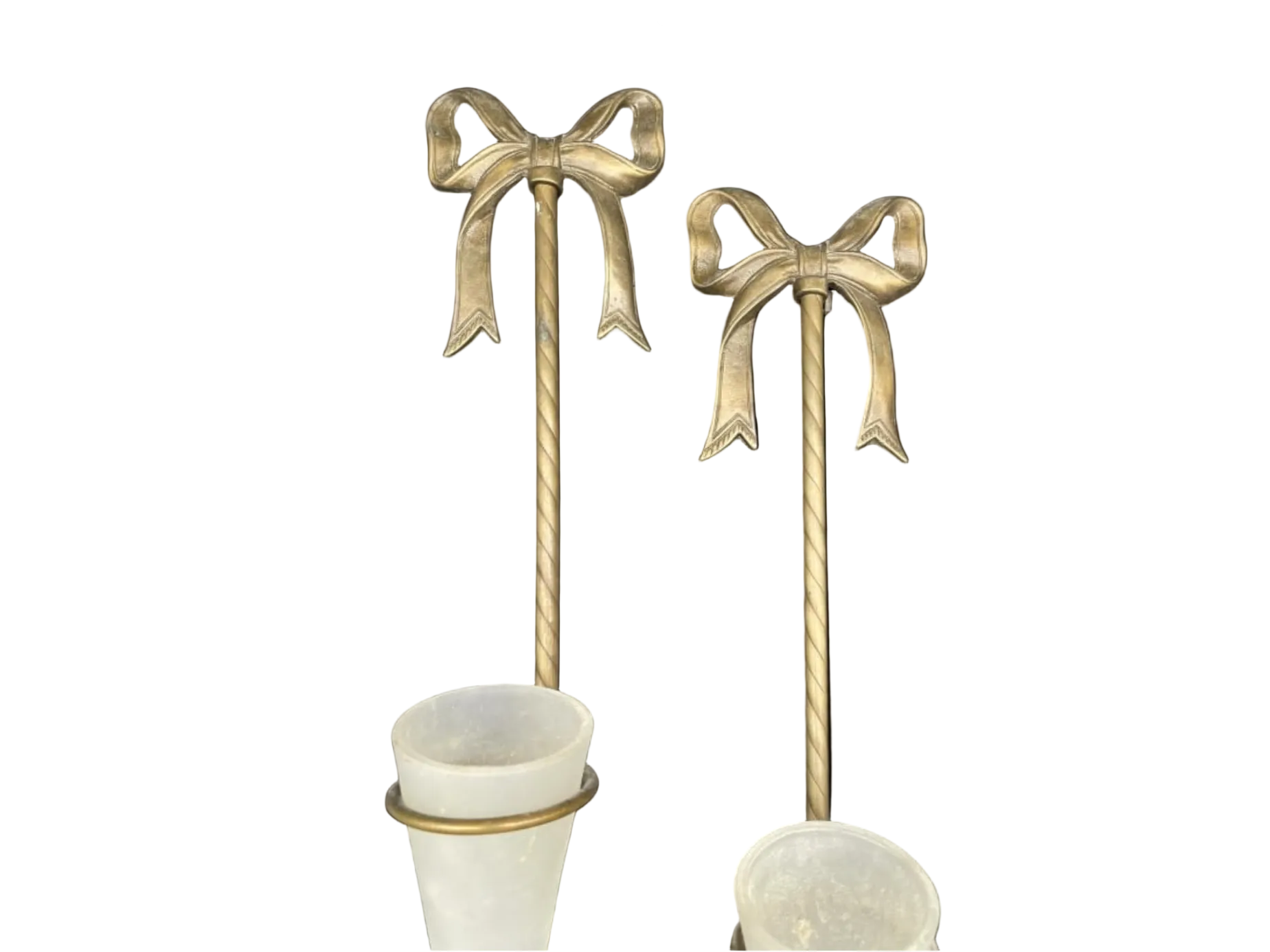Late 20th Century Pair of Decorative Brass Wall Sconces With Bow Motif and Frosted Glass Vases