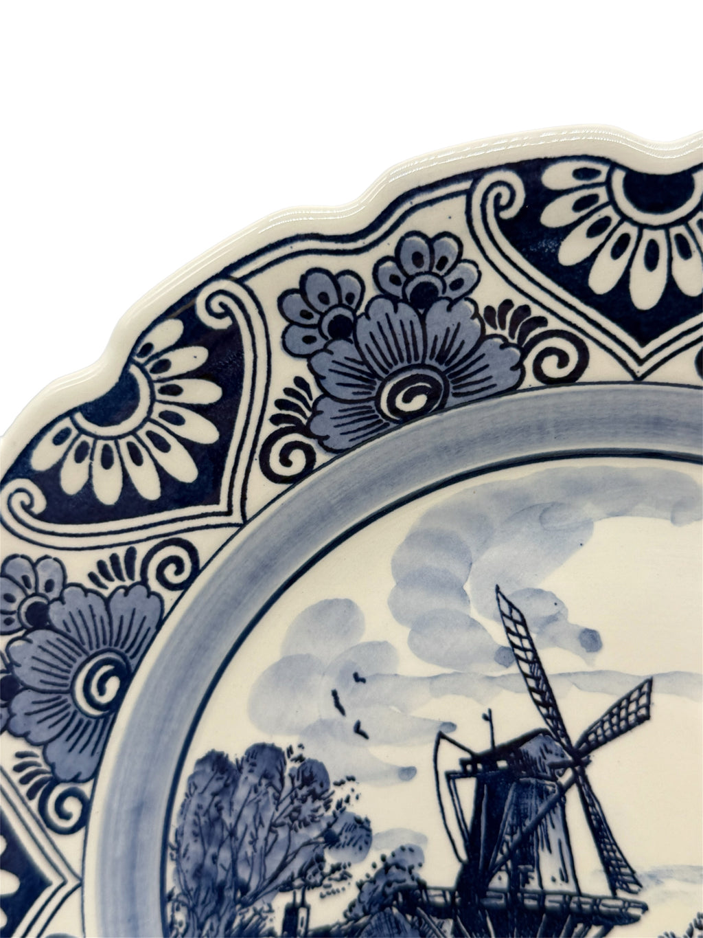 Delft Blue Hand-Painted Windmill Landscape Decorative Plate with Scalloped Floral Border