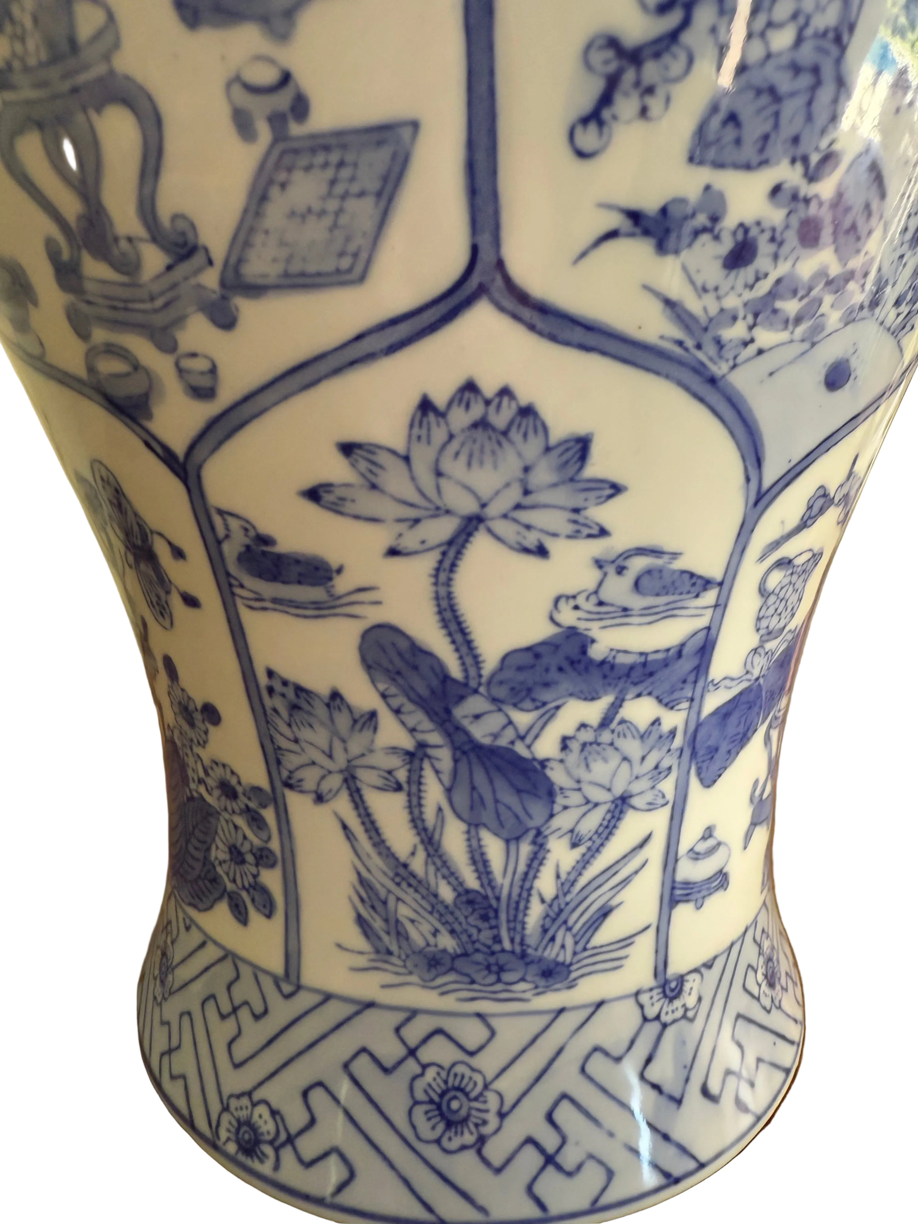 Large Vintage Baluster Form Blue and White Honeycomb Chinoiserie Vase With Fitted Lid