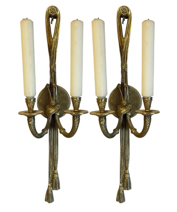 Mid 20th Century Grand Pair of Hollywood Regency Brass Tassel Wall Sconces