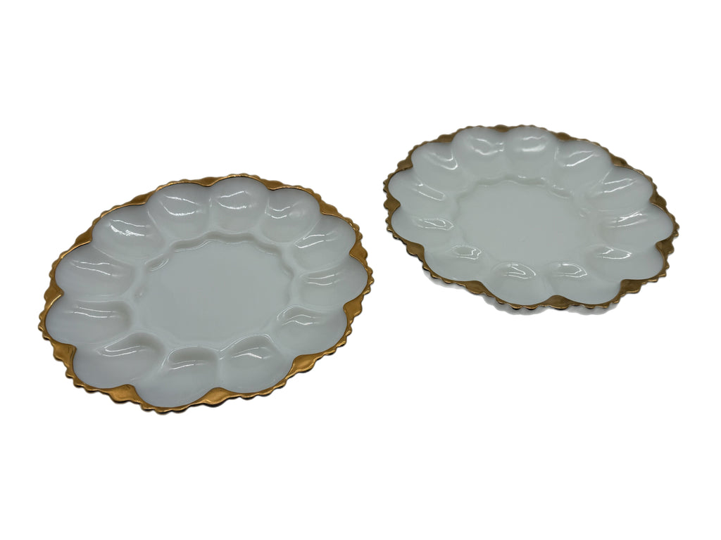 Mid-Century Anchor Hocking Fire King Milk Glass Deviled Egg Plate Pair, rimmed in 22kt Gold