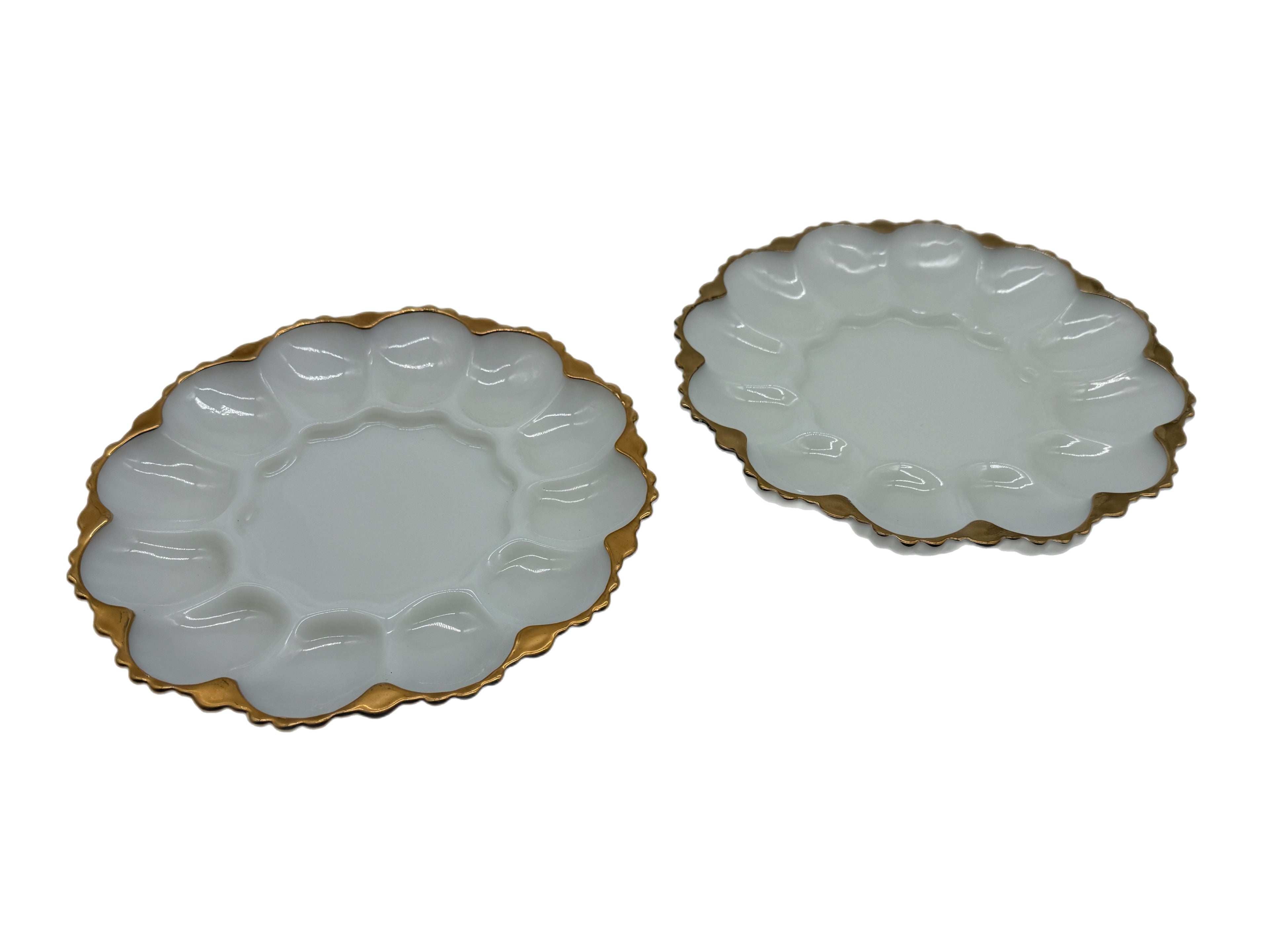 Mid-Century Anchor Hocking Fire King Milk Glass Deviled Egg Plate Pair, rimmed in 22kt Gold