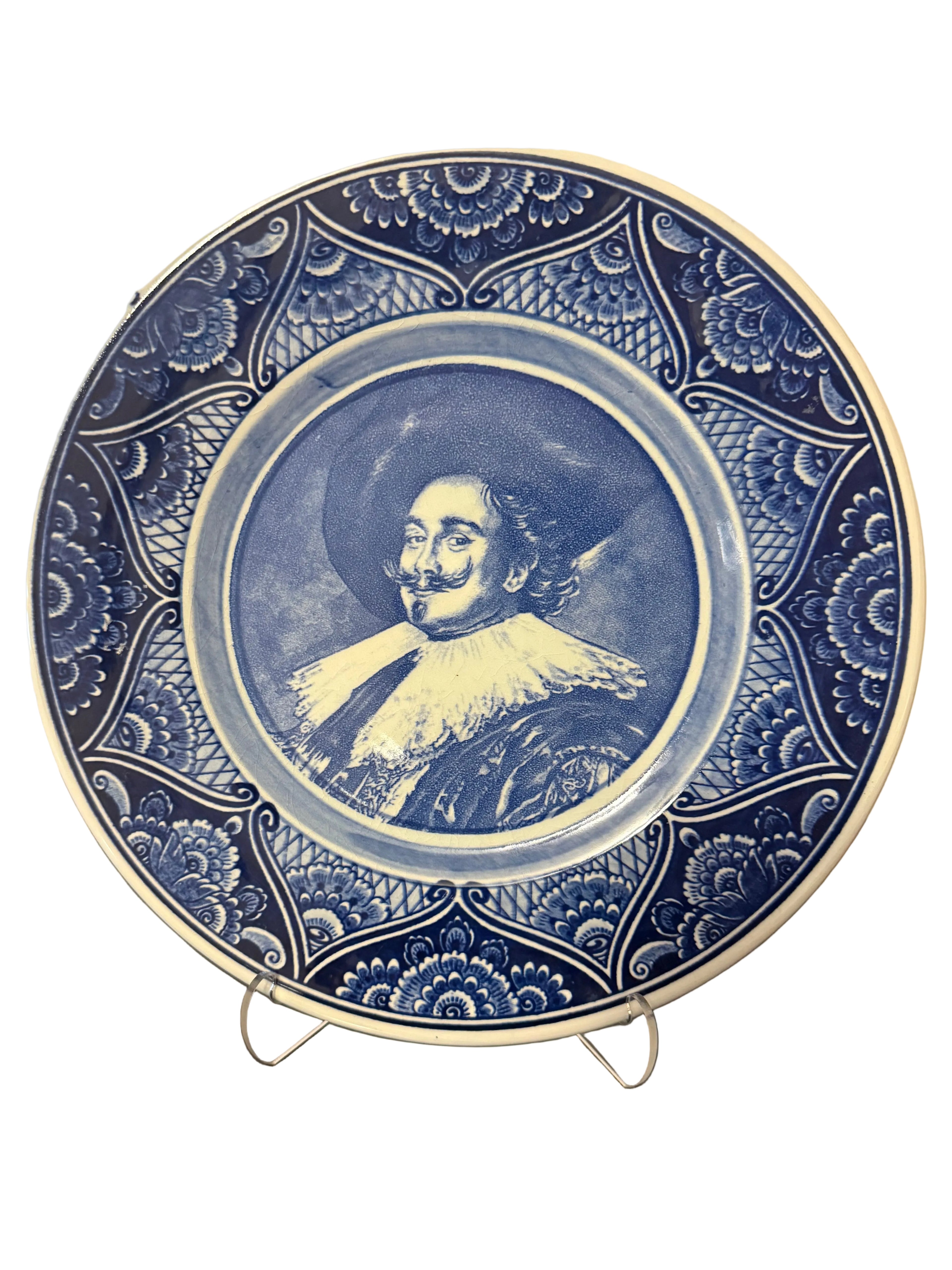 Vintage Blue & White Delft Portrait Plate of The Dutch Knight by Frans Hals